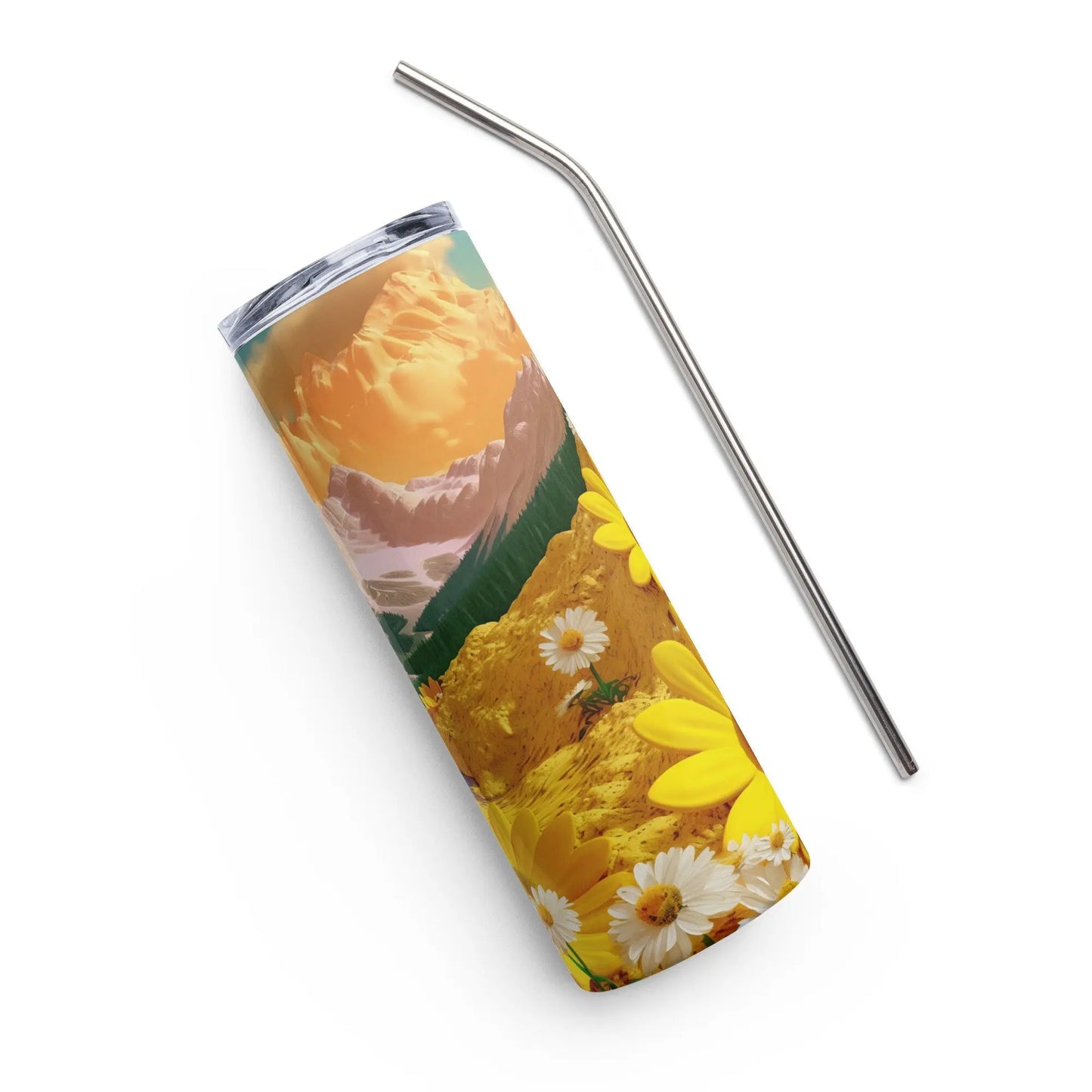 Personalized 3D Cute Embroidered Aesthetic White and Yellow Mountain Tumbler Yellow Daisies.