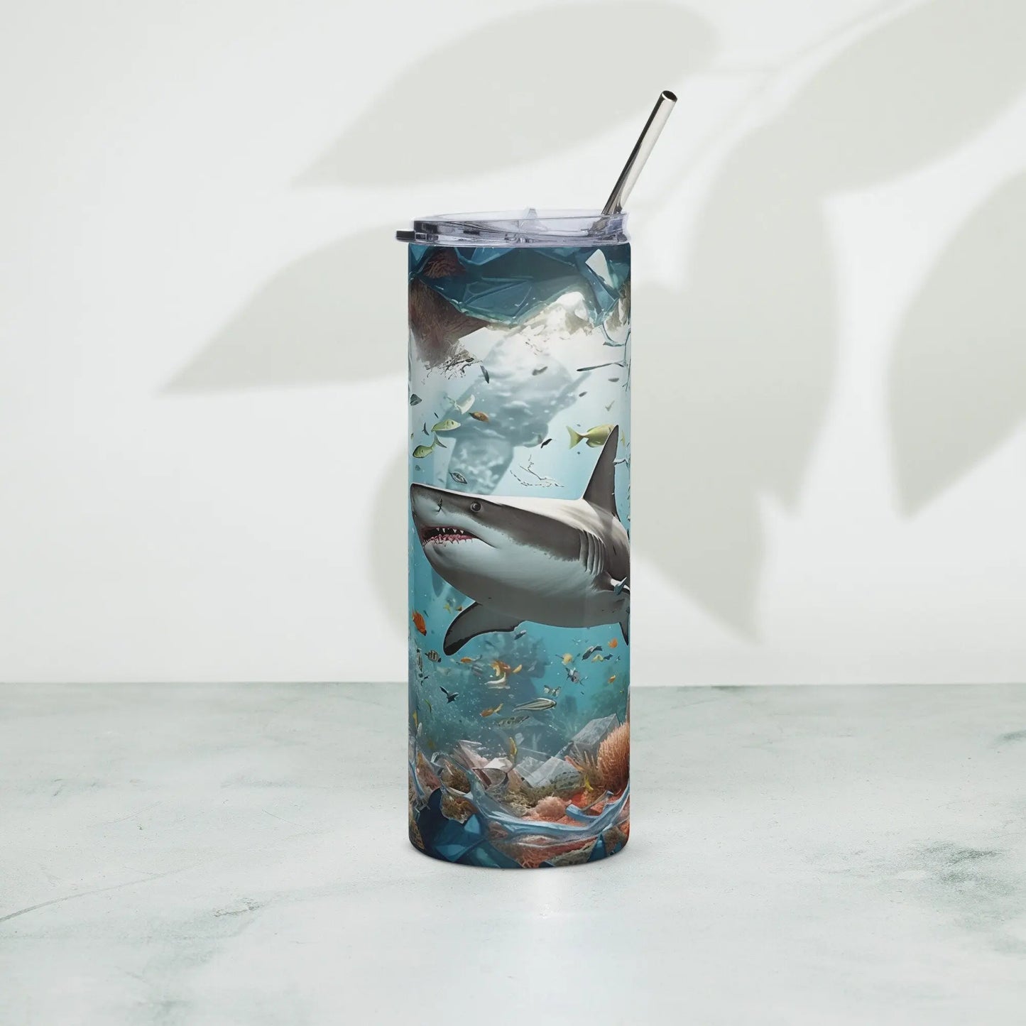 Personalized 3D Embroidered Shattered Glass Shark Sublimation Tumbler Gift for Fishermen - Panoptic Handmade