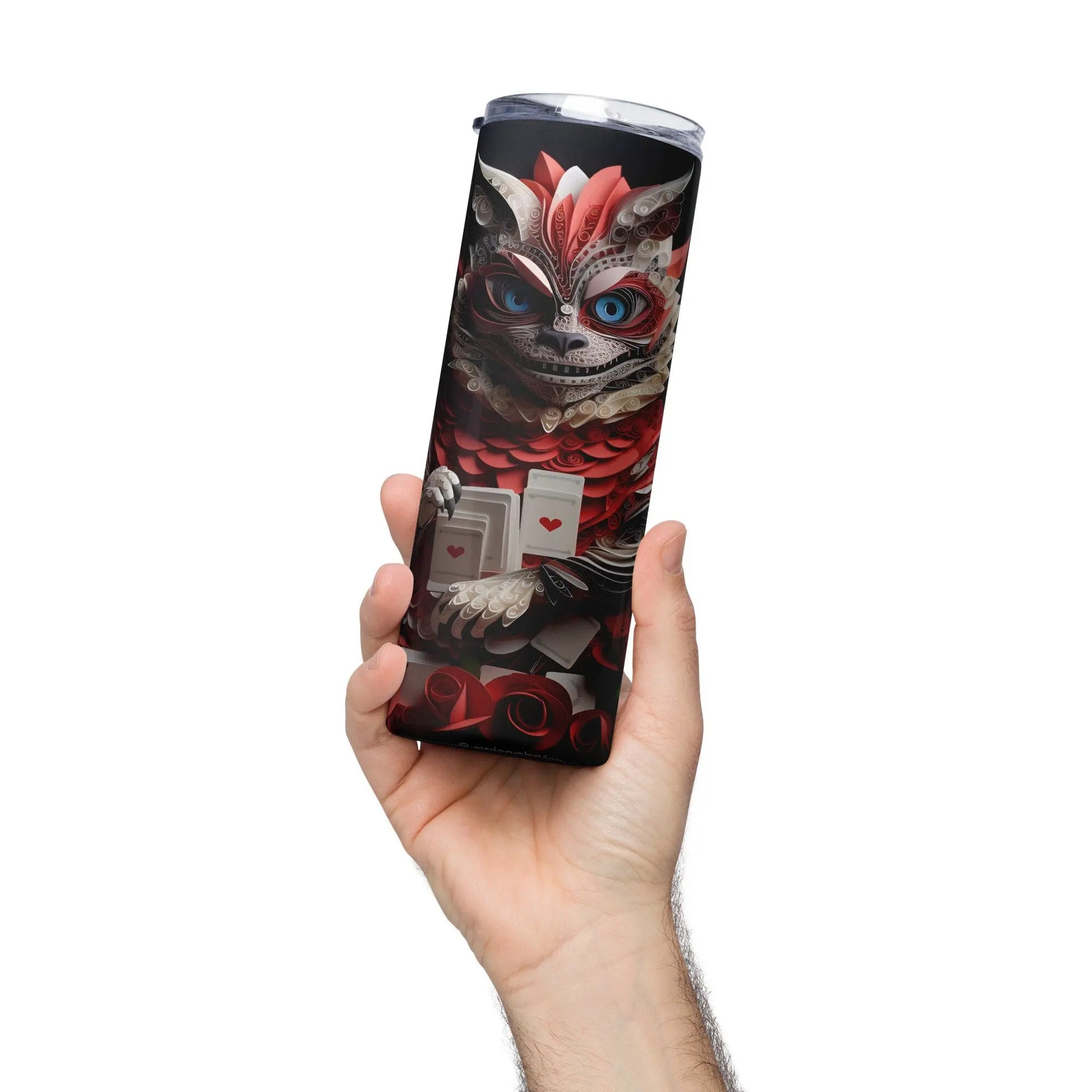 Enchanting Cheshire Cat 3D Embroidered Tumbler: Personalized Gift with Red Roses and Deck of Cards Design - Panoptic Handmade