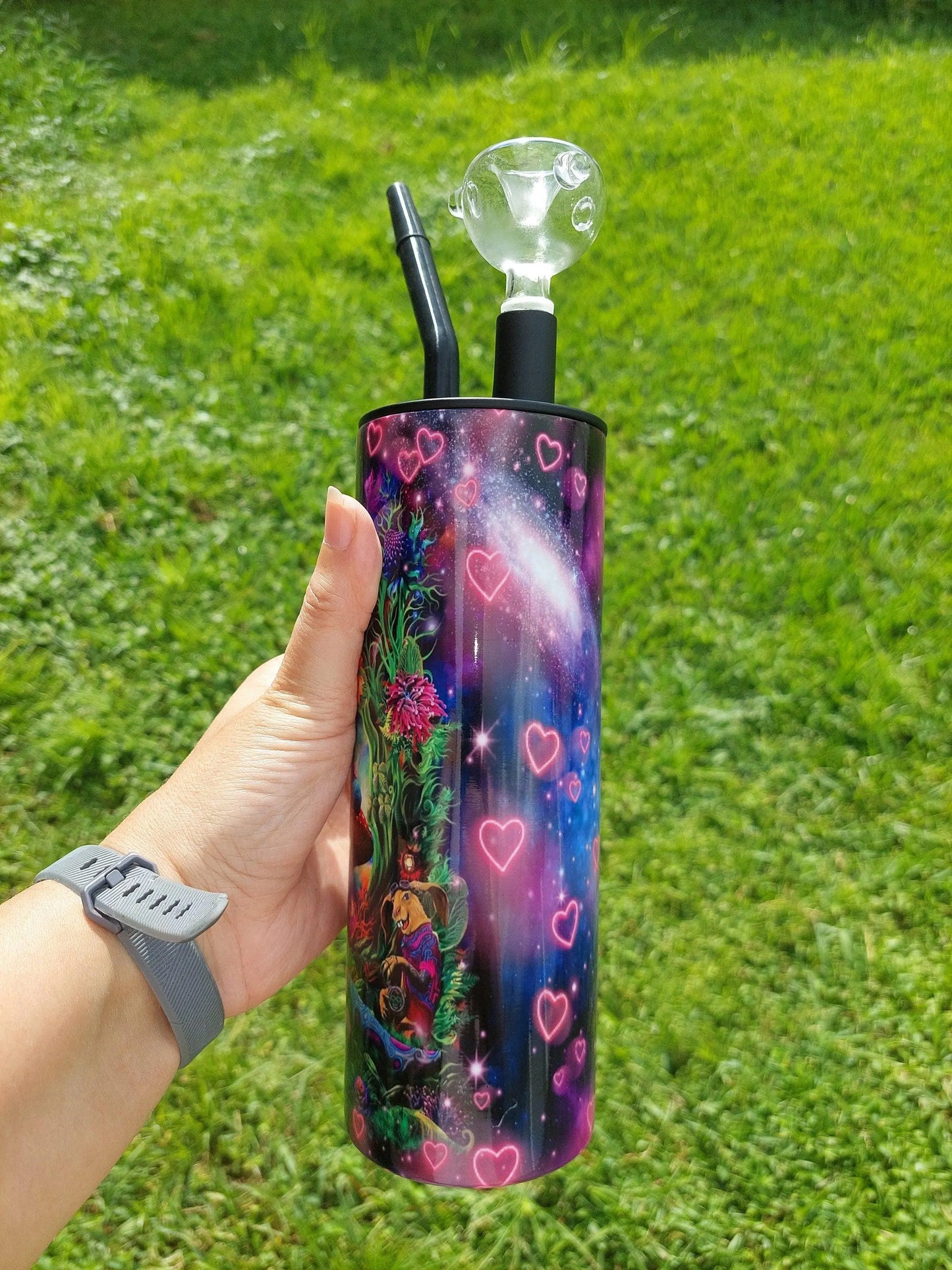 Alice Design with Pink Glowing Hearts Hookah Tumbler aka Cold Smoke