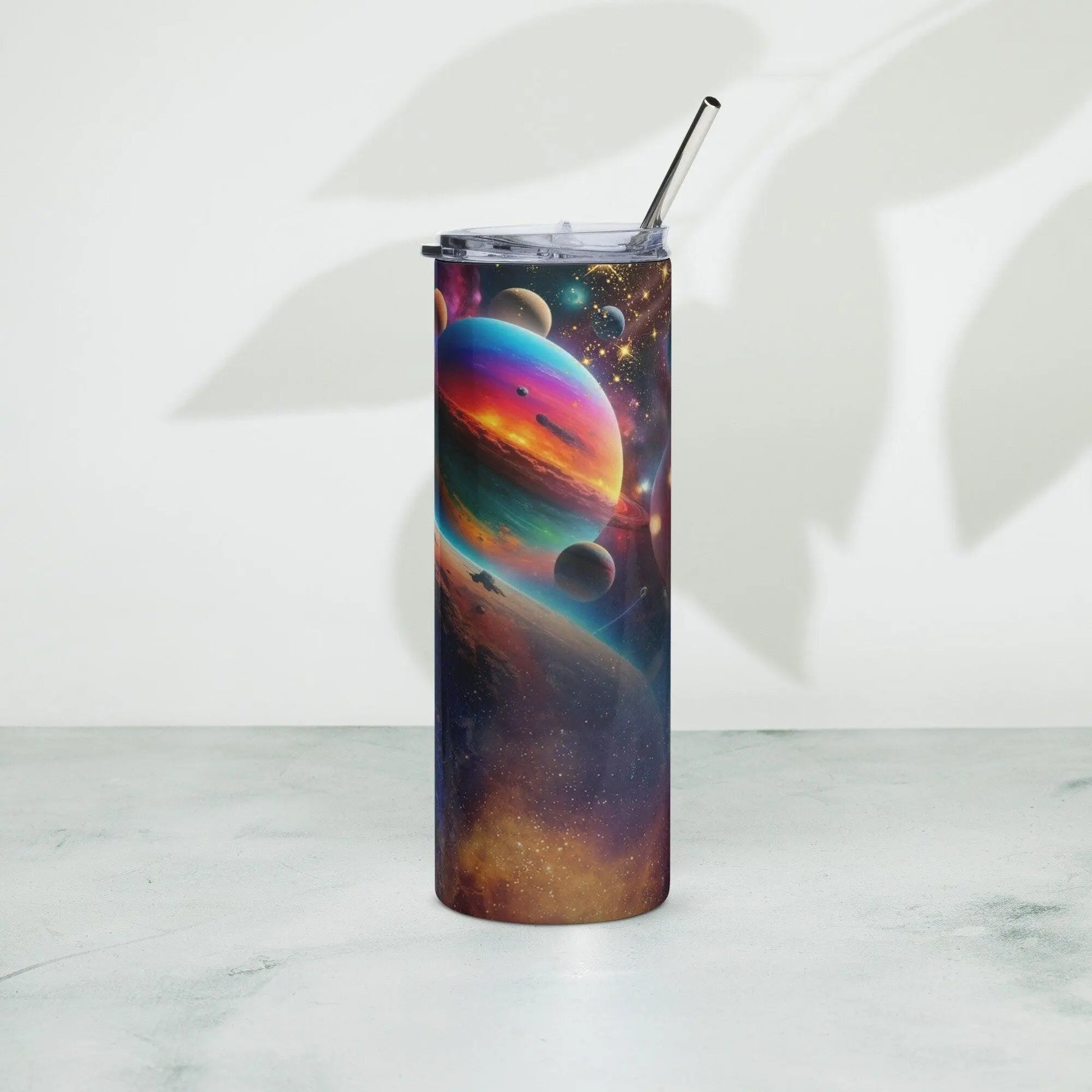 Cosmic Fantasy Realism Tumbler - Embark on a Trip Around the Sun with Vibrant Planets and Milky Way