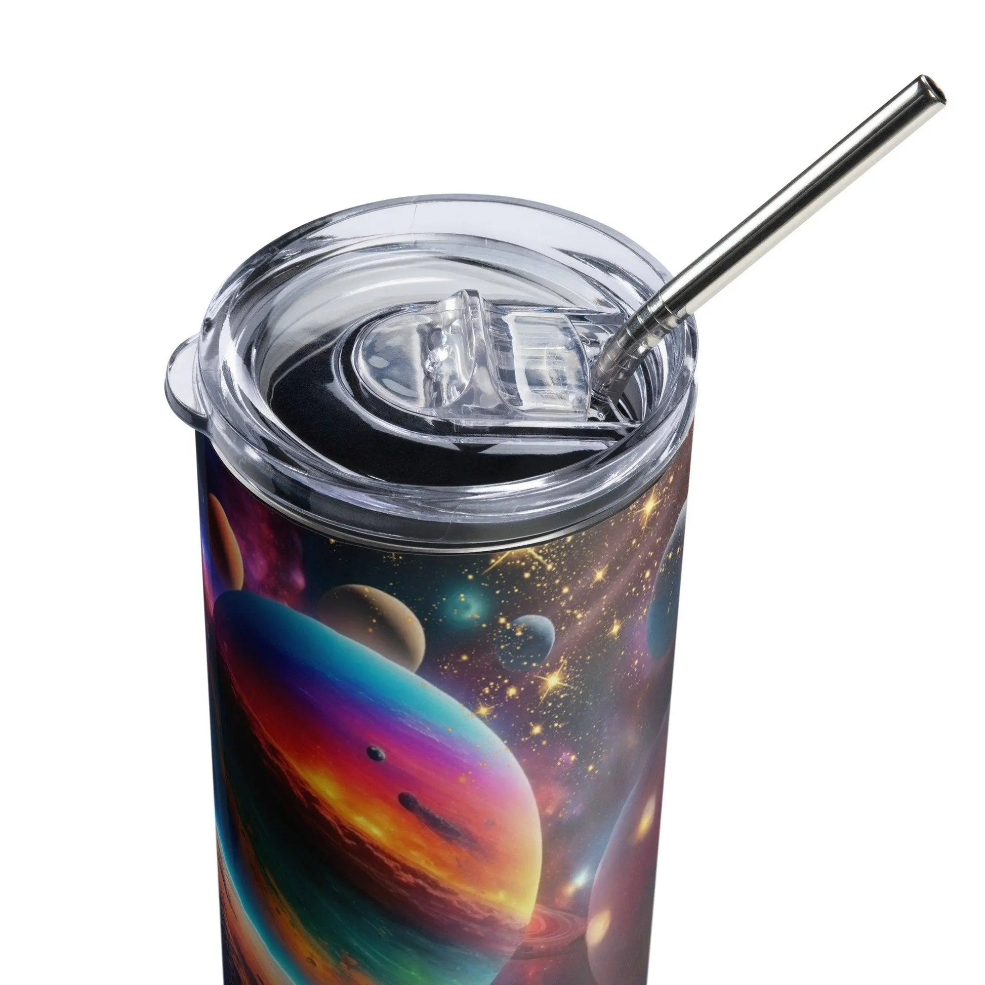 Cosmic Fantasy Realism Tumbler - Embark on a Trip Around the Sun with Vibrant Planets and Milky Way