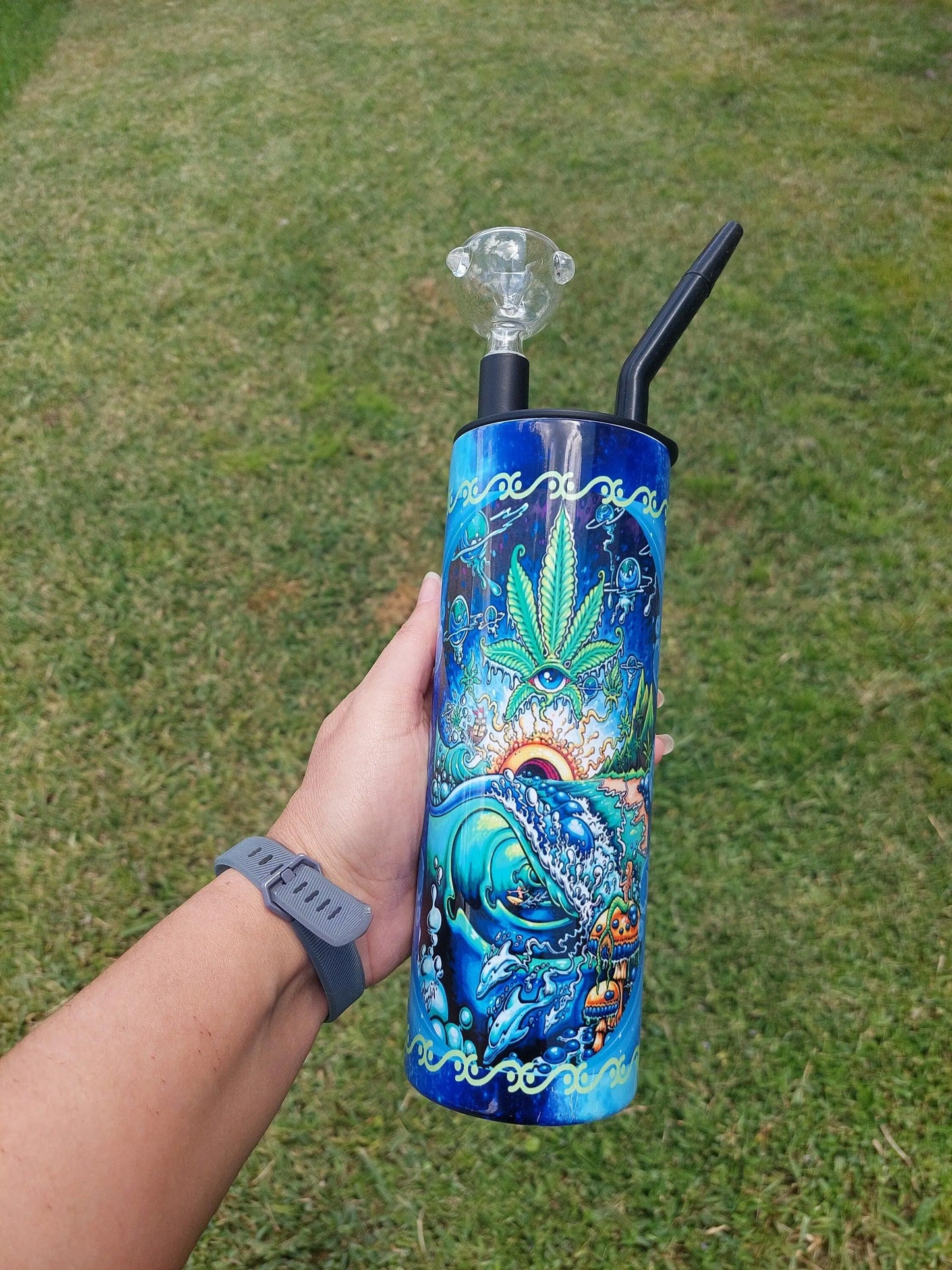 Hookah Tumbler, Blue Swirl Marijuana Cold Smoke Sublimation Tumbler