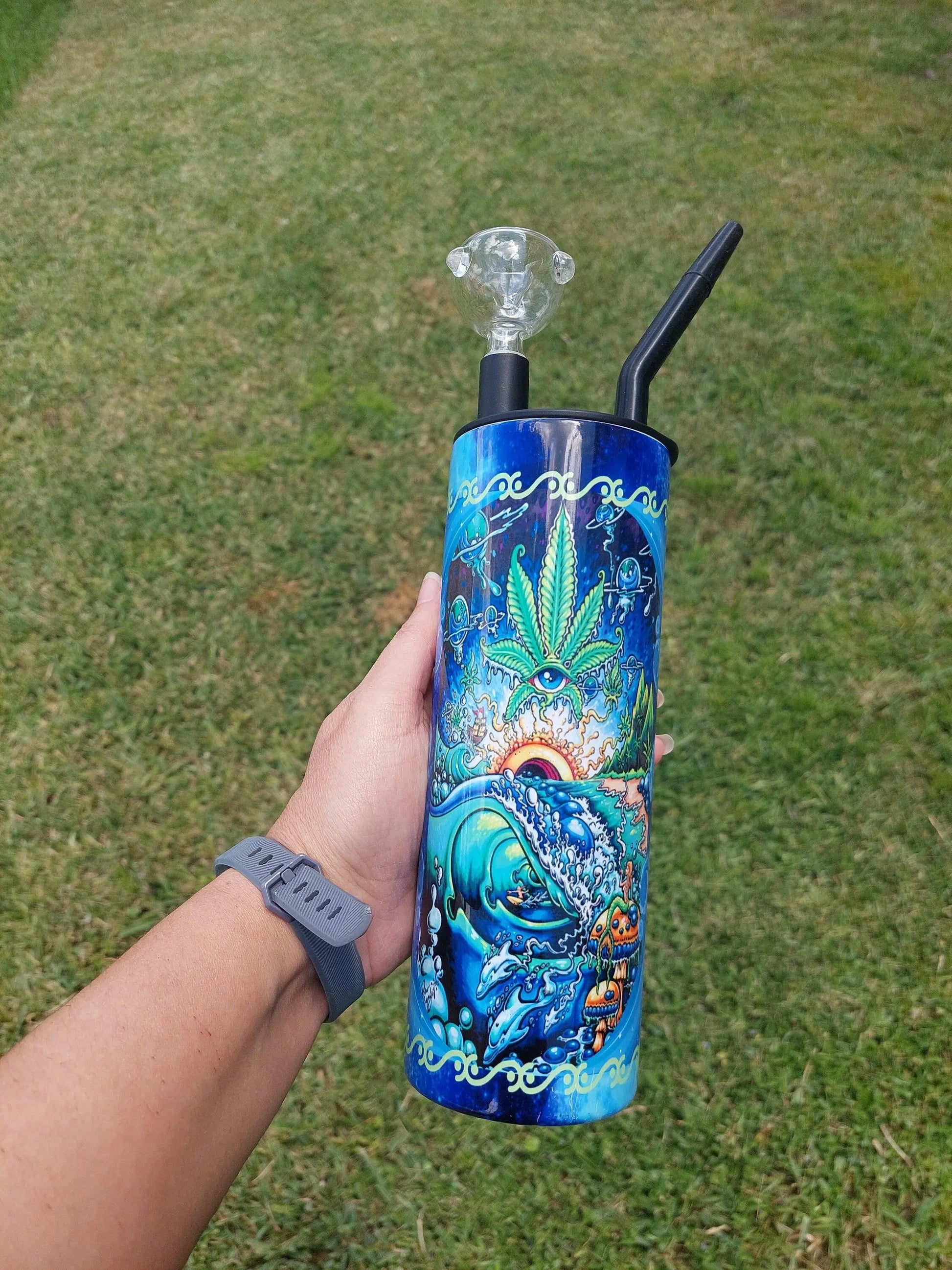 Hookah Tumbler, Blue Swirl Marijuana Cold Smoke Sublimation Tumbler