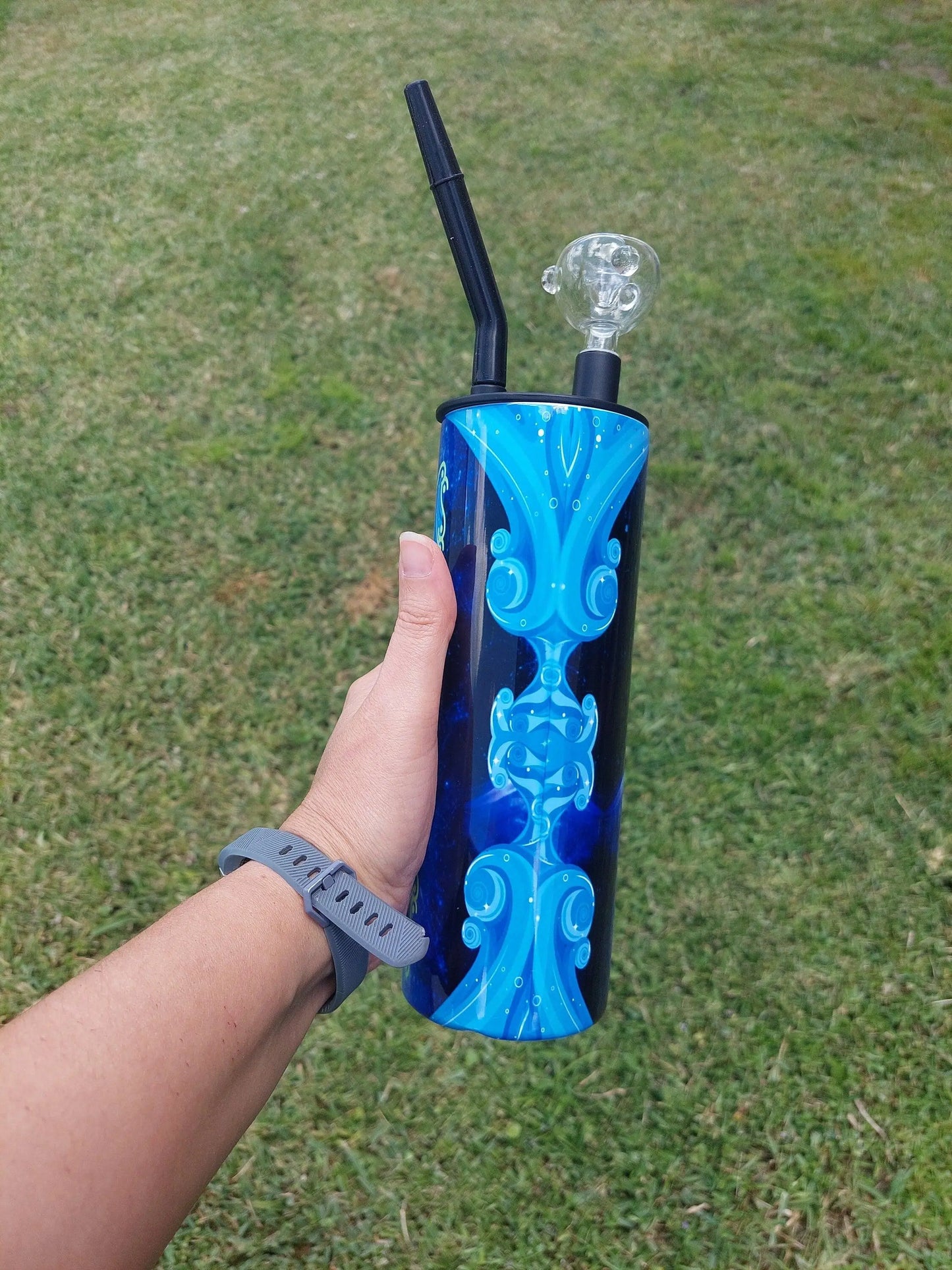 Hookah Tumbler, Blue Swirl Marijuana Cold Smoke Sublimation Tumbler