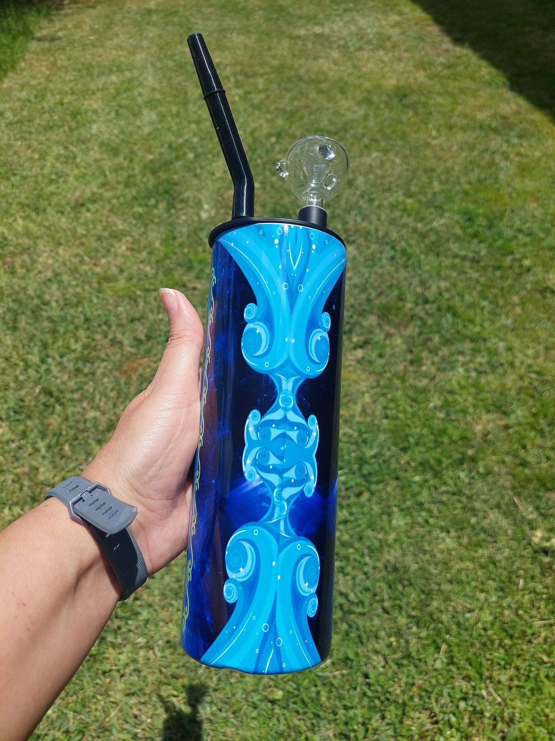 Hookah Tumbler, Blue Swirl Marijuana Cold Smoke Sublimation Tumbler