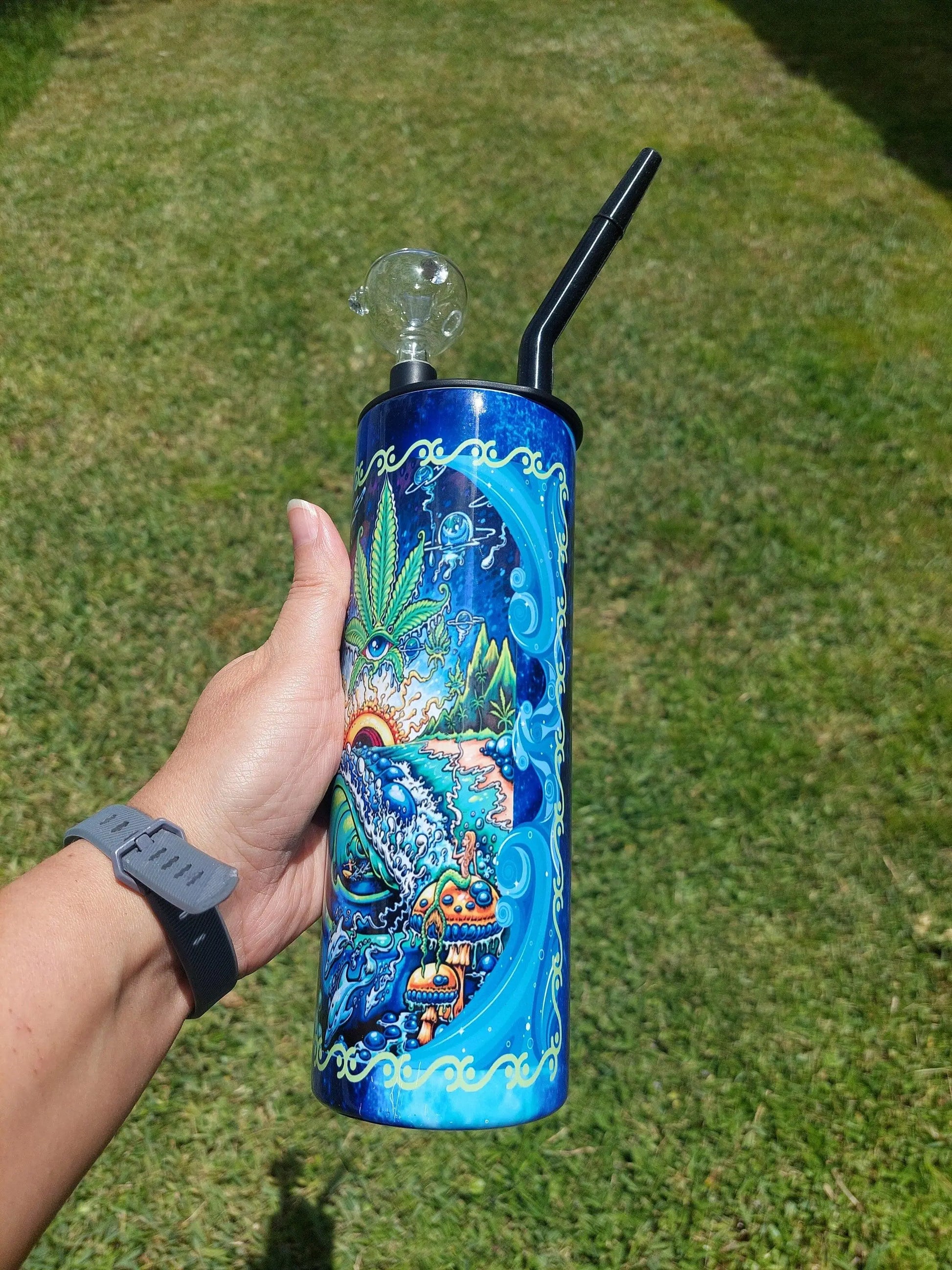 Hookah Tumbler, Blue Swirl Marijuana Cold Smoke Sublimation Tumbler