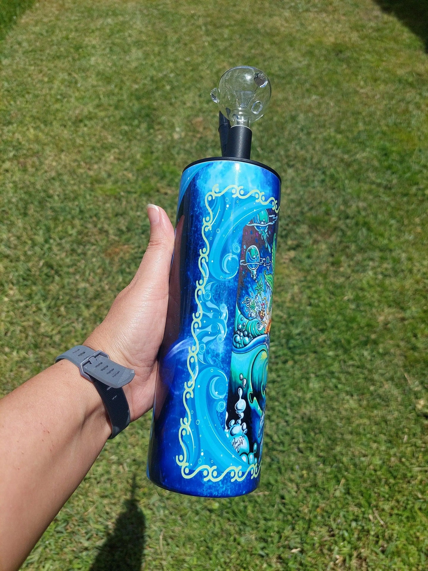 Hookah Tumbler, Blue Swirl Marijuana Cold Smoke Sublimation Tumbler