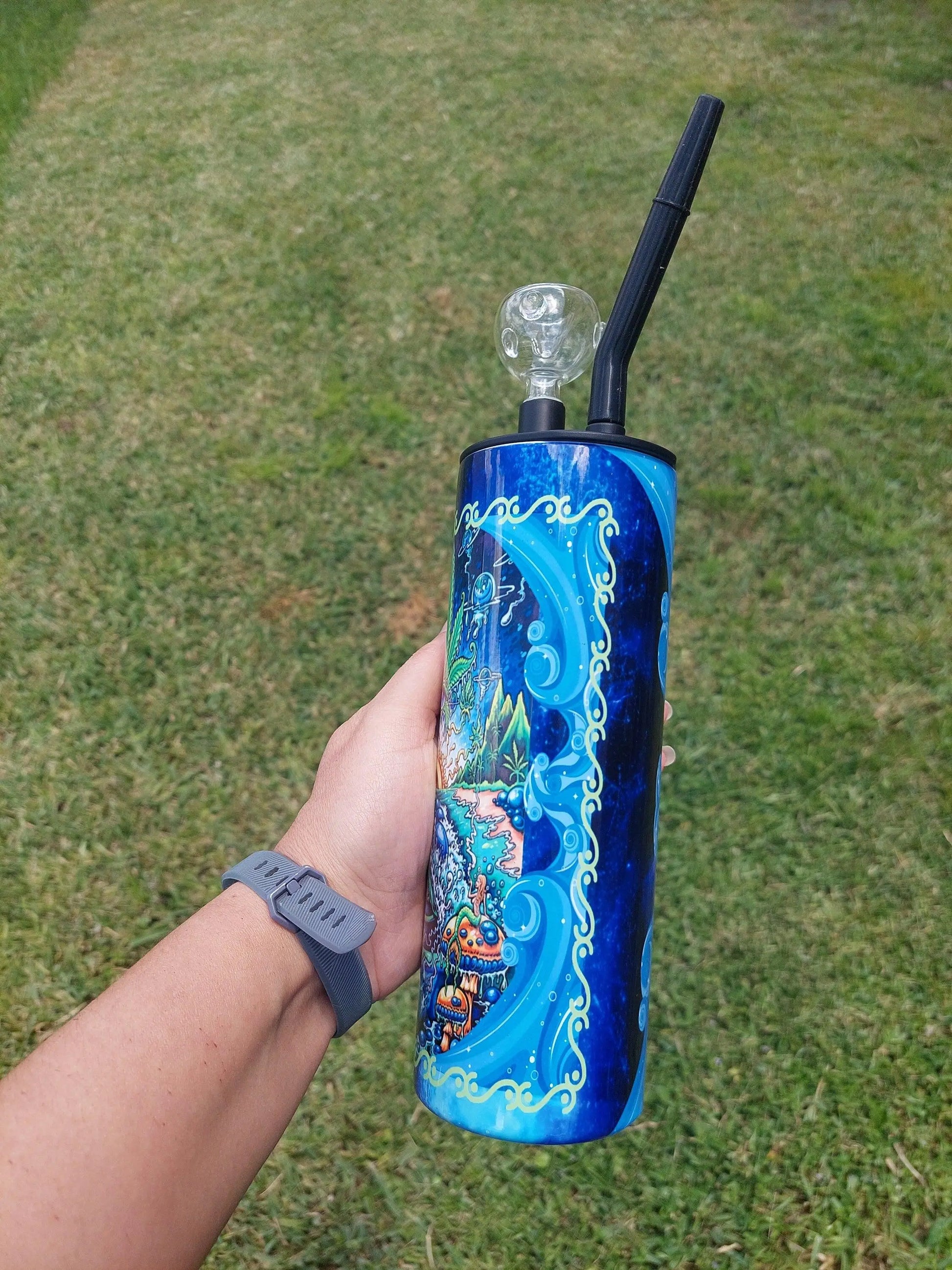 Hookah Tumbler, Blue Swirl Marijuana Cold Smoke Sublimation Tumbler