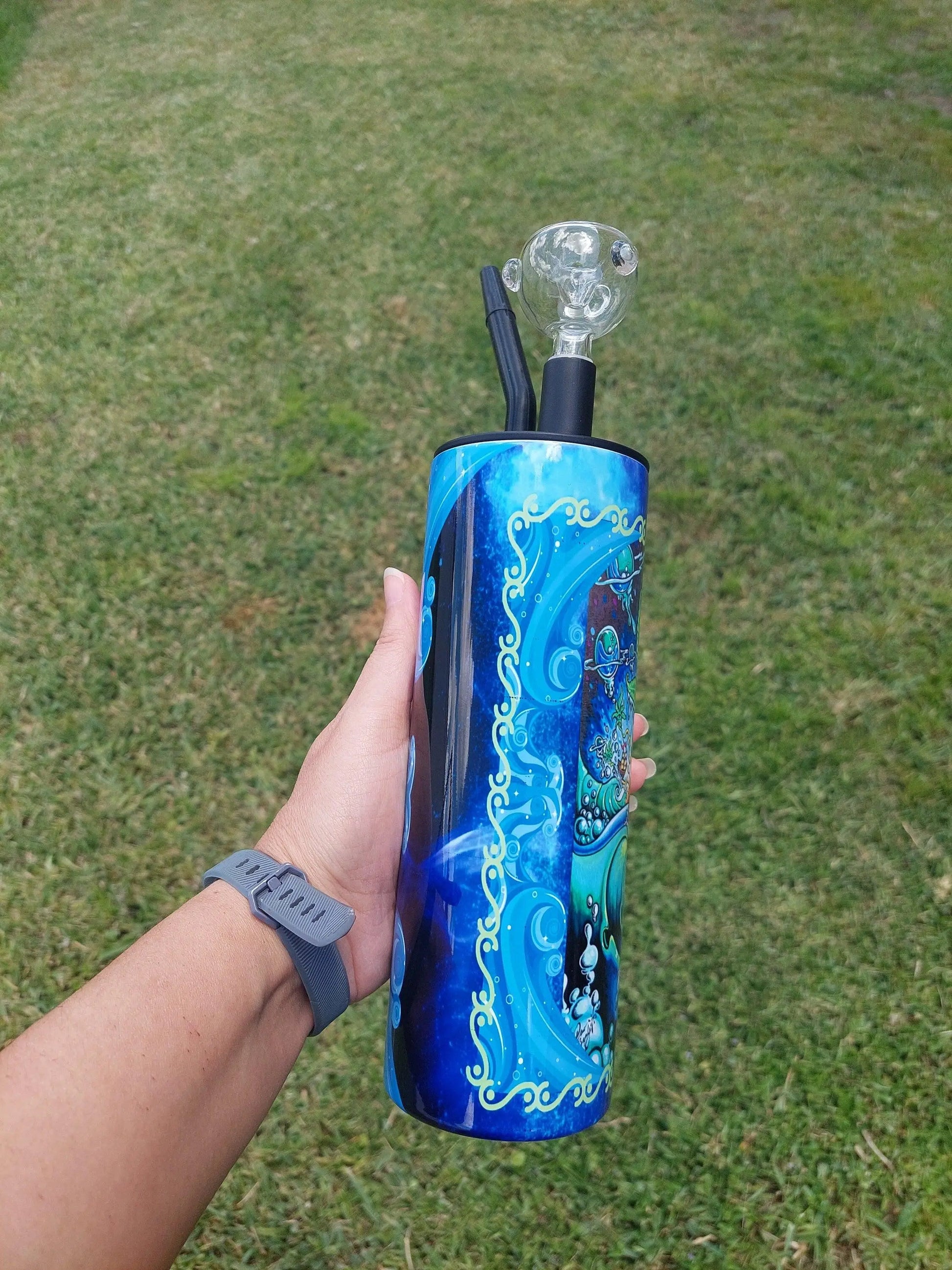 Hookah Tumbler, Blue Swirl Marijuana Cold Smoke Sublimation Tumbler