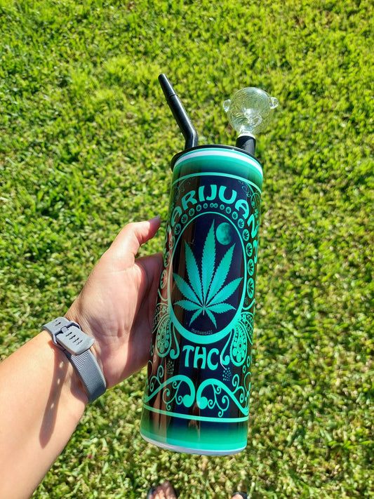 Hookah Tumbler with a Green and Black Marijuana Design, Sublimation Cold Smoke