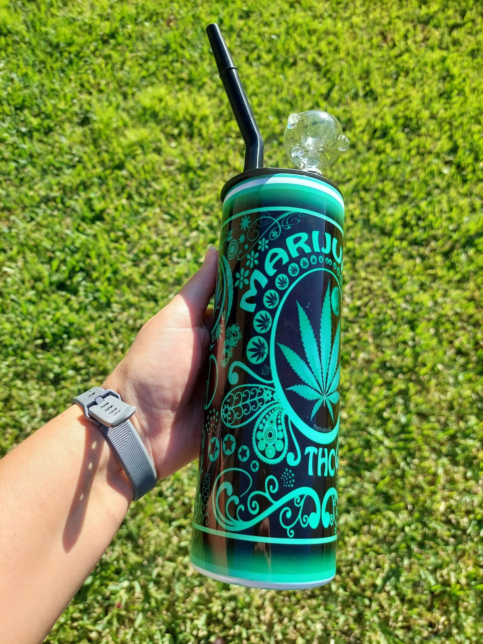 Hookah Tumbler with a Green and Black Marijuana Design, Sublimation Cold Smoke