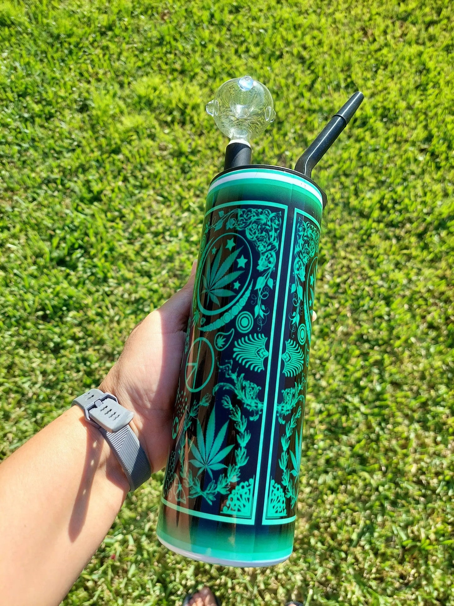 Hookah Tumbler with a Green and Black Marijuana Design, Sublimation Cold Smoke