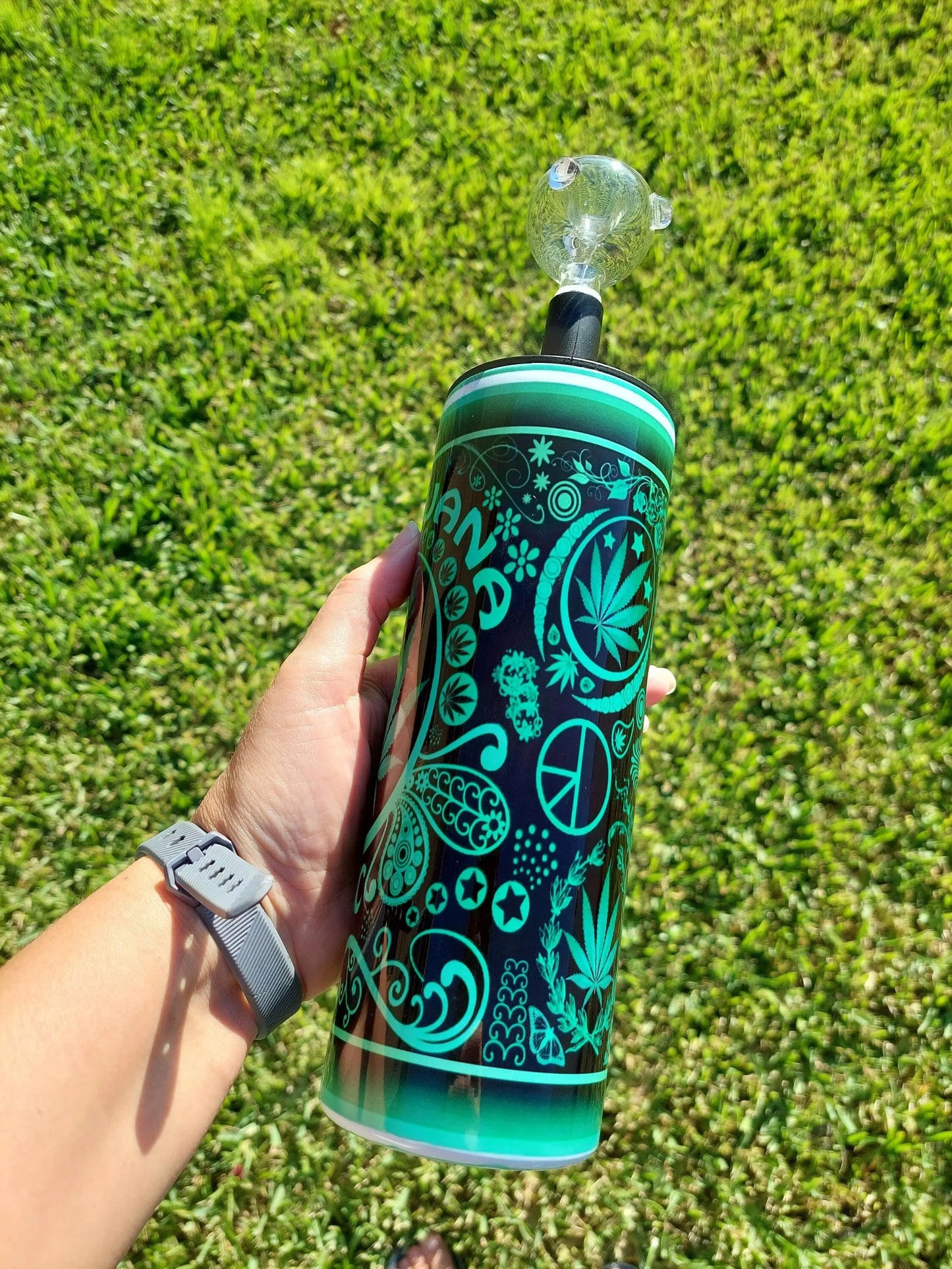 Hookah Tumbler with a Green and Black Marijuana Design, Sublimation Cold Smoke