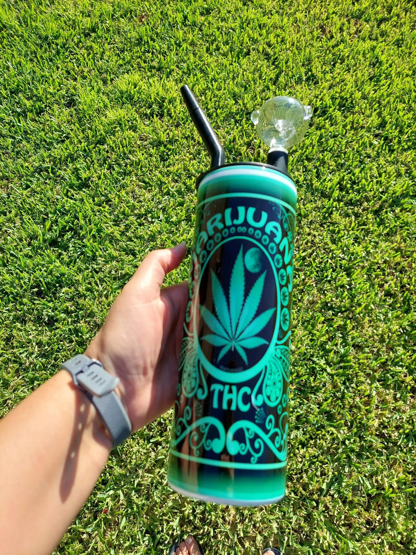 Hookah Tumbler with a Green and Black Marijuana Design, Sublimation Cold Smoke