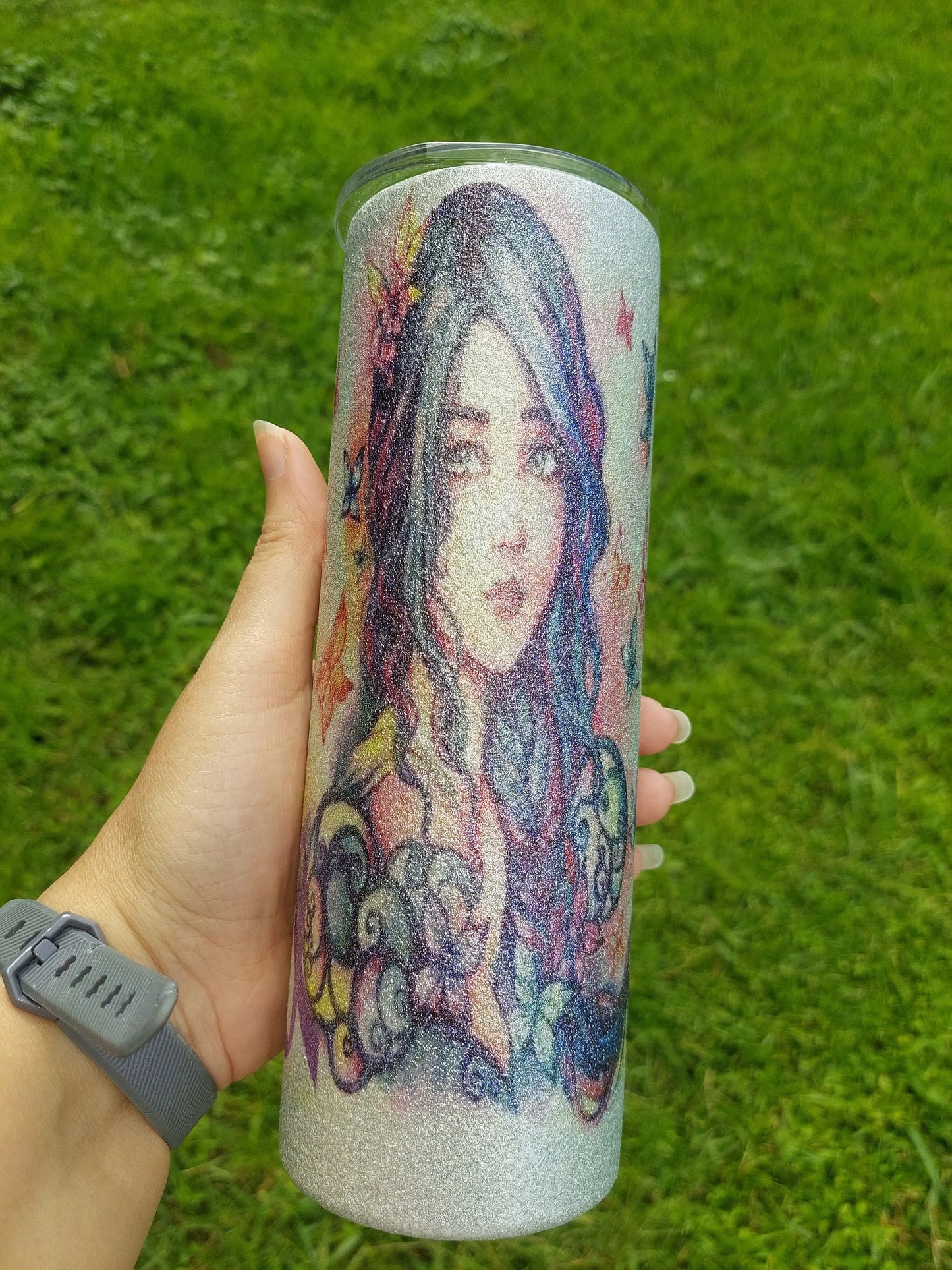 Sublimation Silver Glitter Tumbler with a Lupus Awareness Design