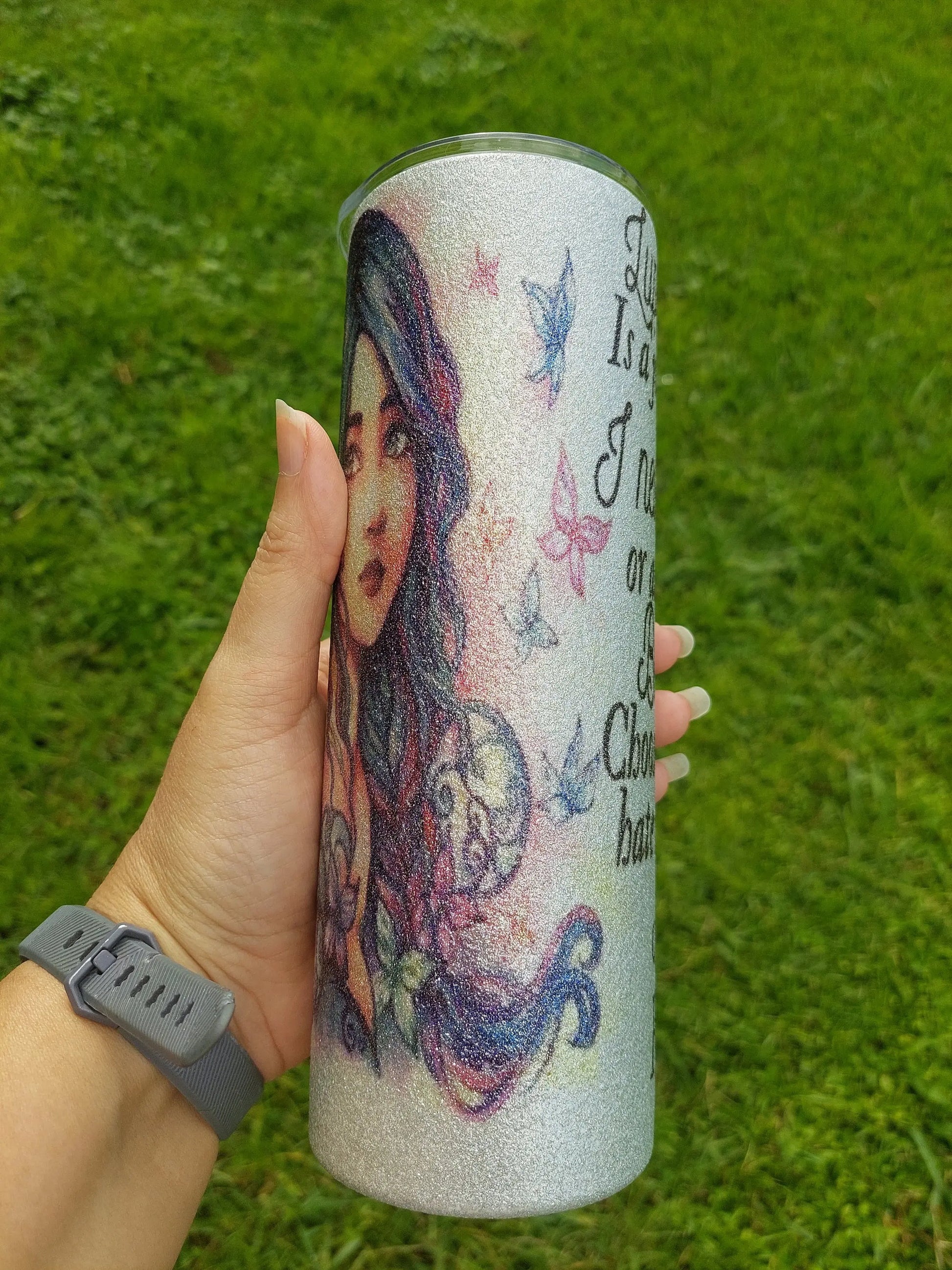 Sublimation Silver Glitter Tumbler with a Lupus Awareness Design