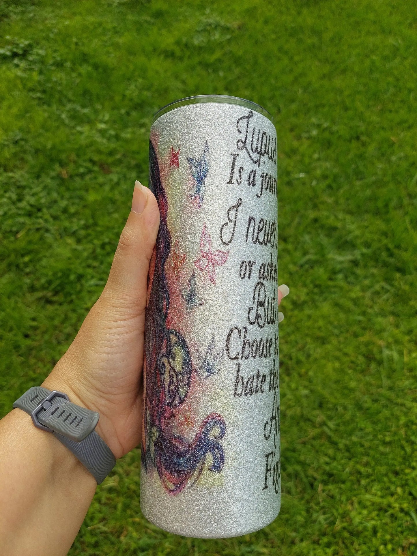 Sublimation Silver Glitter Tumbler with a Lupus Awareness Design
