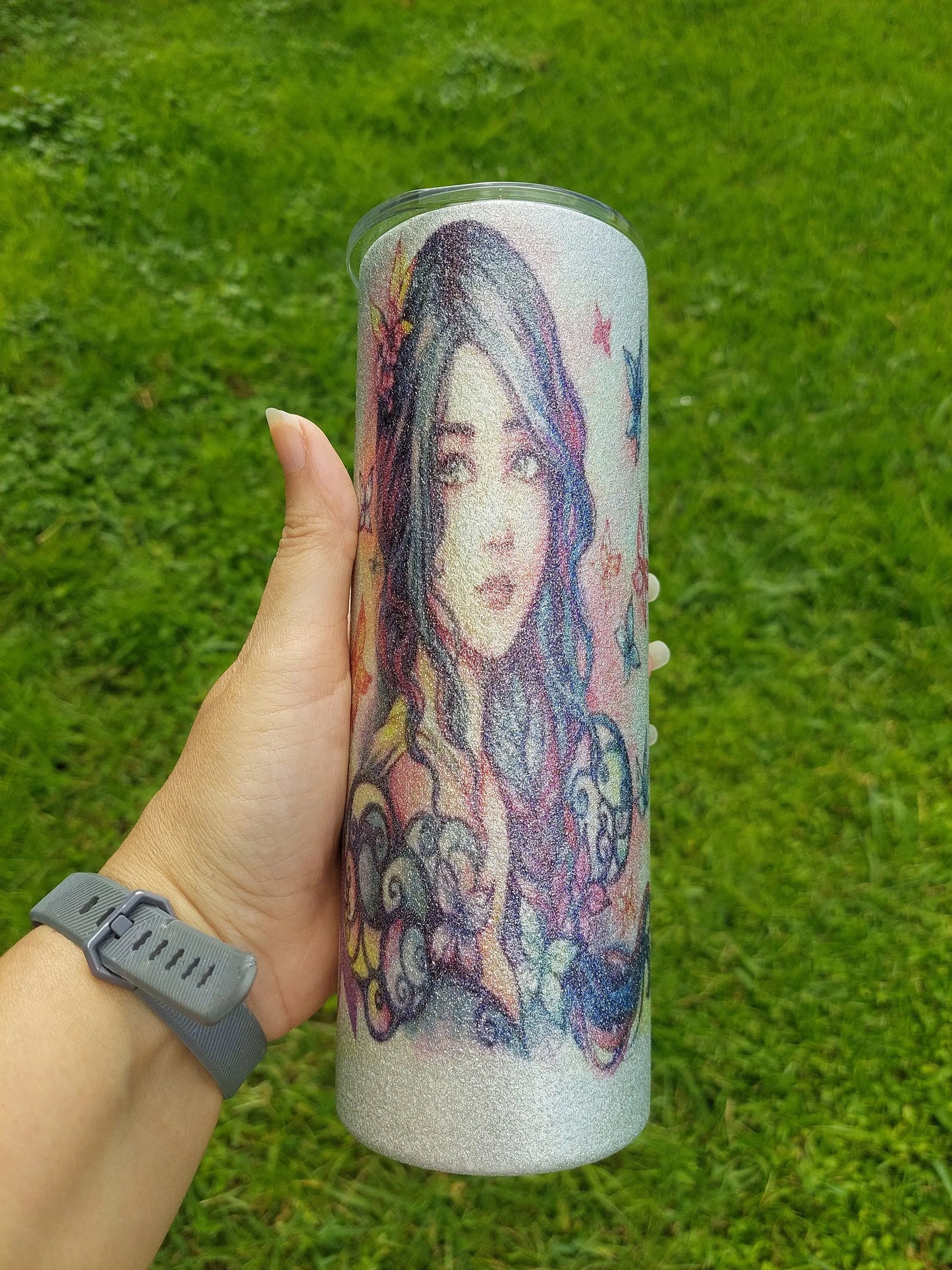 Sublimation Silver Glitter Tumbler with a Lupus Awareness Design