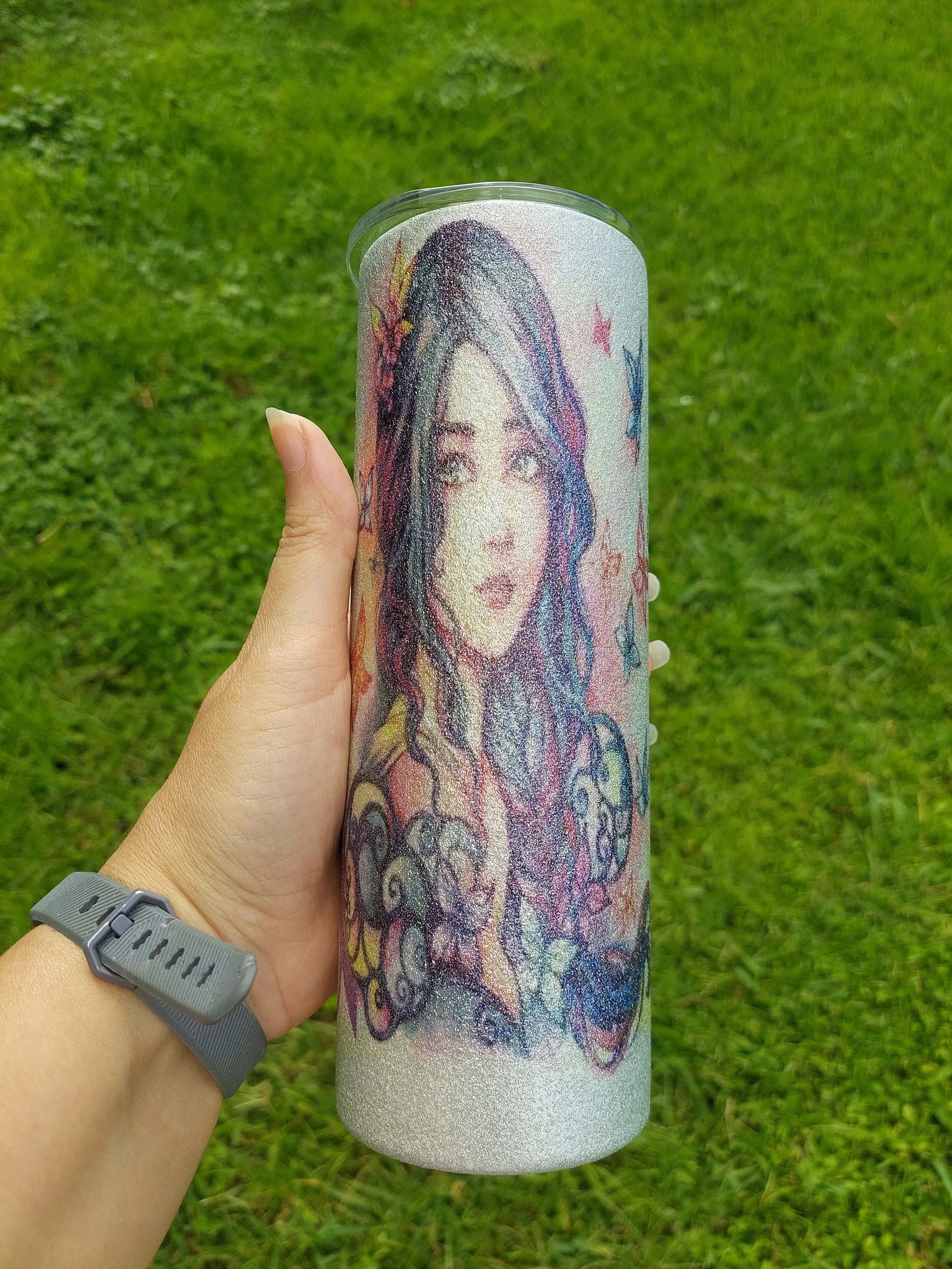 Sublimation Silver Glitter Tumbler with a Lupus Awareness Design