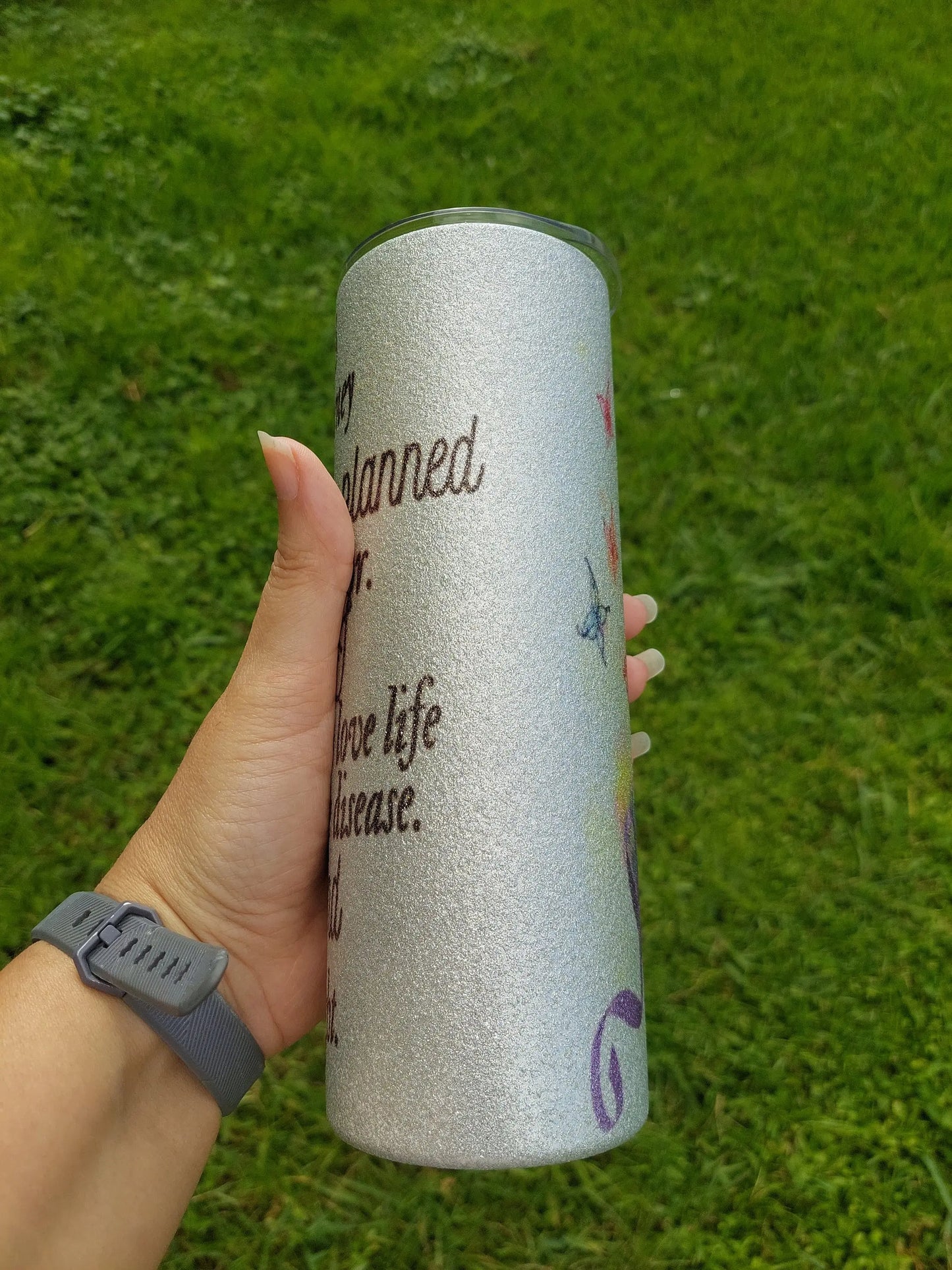 Sublimation Silver Glitter Tumbler with a Lupus Awareness Design