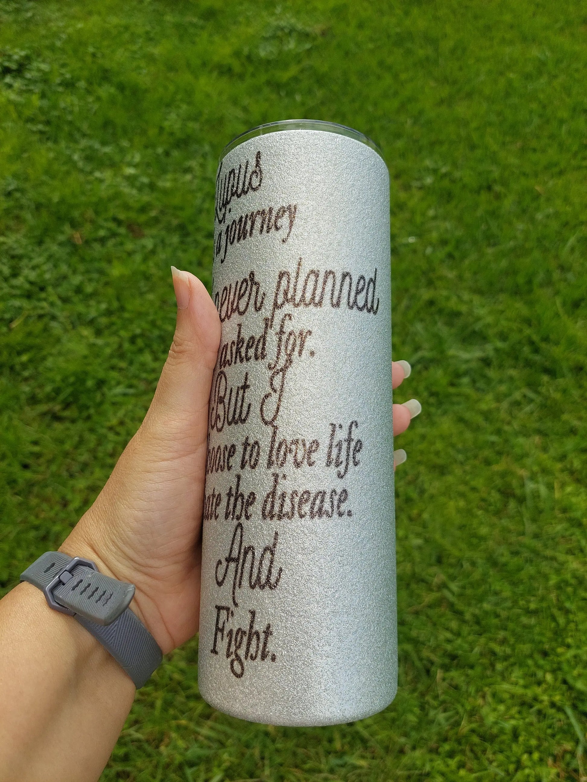 Sublimation Silver Glitter Tumbler with a Lupus Awareness Design