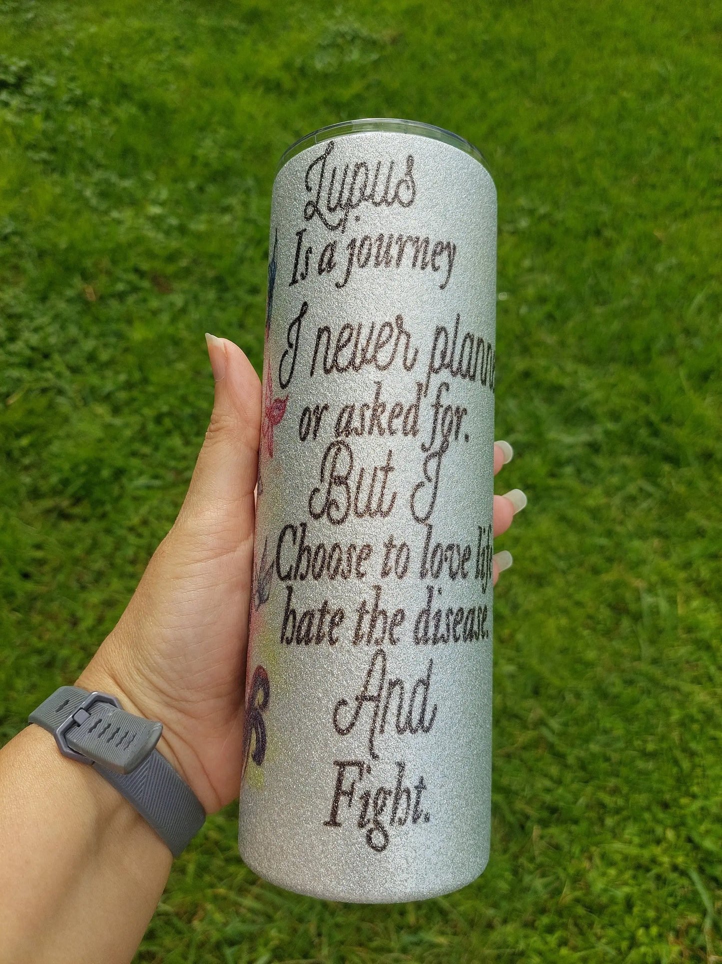 Sublimation Silver Glitter Tumbler with a Lupus Awareness Design