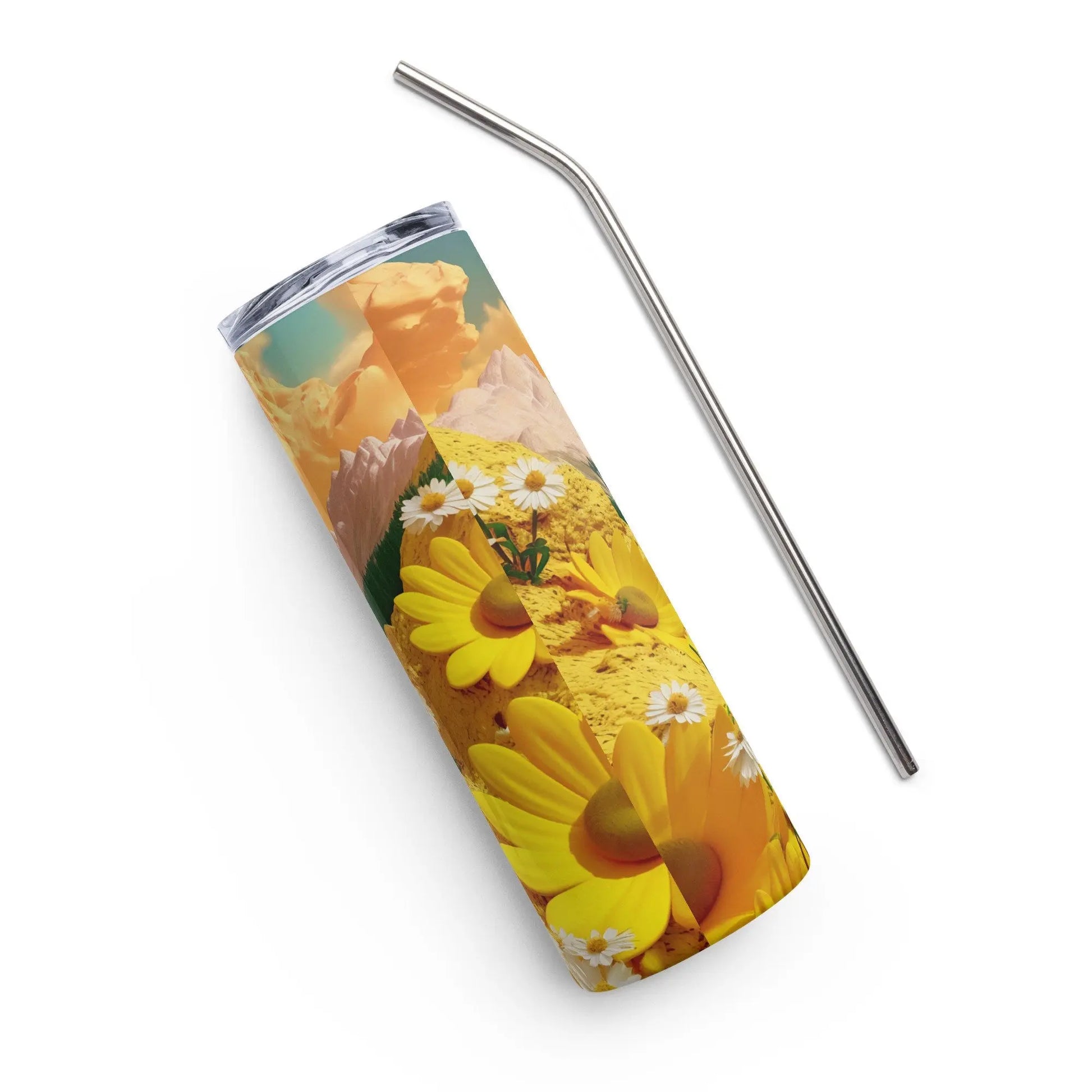 Personalized 3D Cute Embroidered Aesthetic White and Yellow Mountain Tumbler Yellow Daisies.