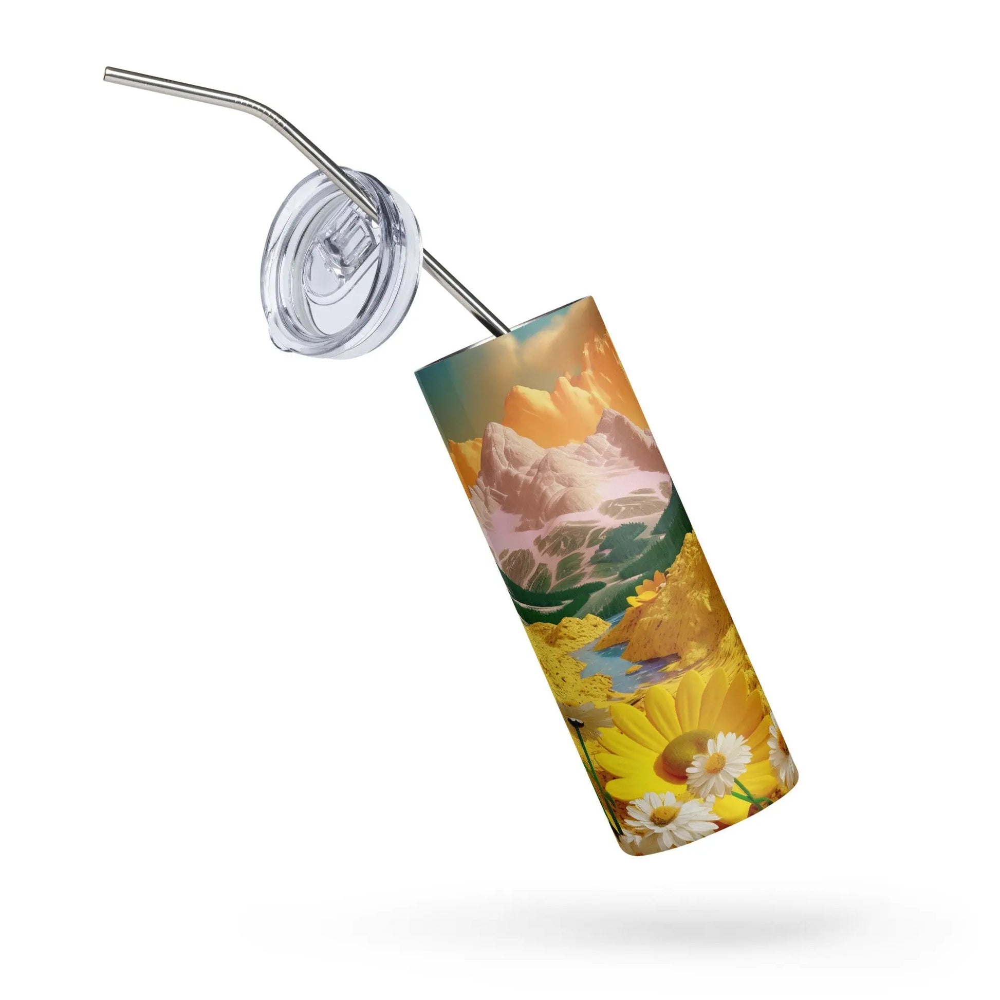 Personalized 3D Cute Embroidered Aesthetic White and Yellow Mountain Tumbler Yellow Daisies.