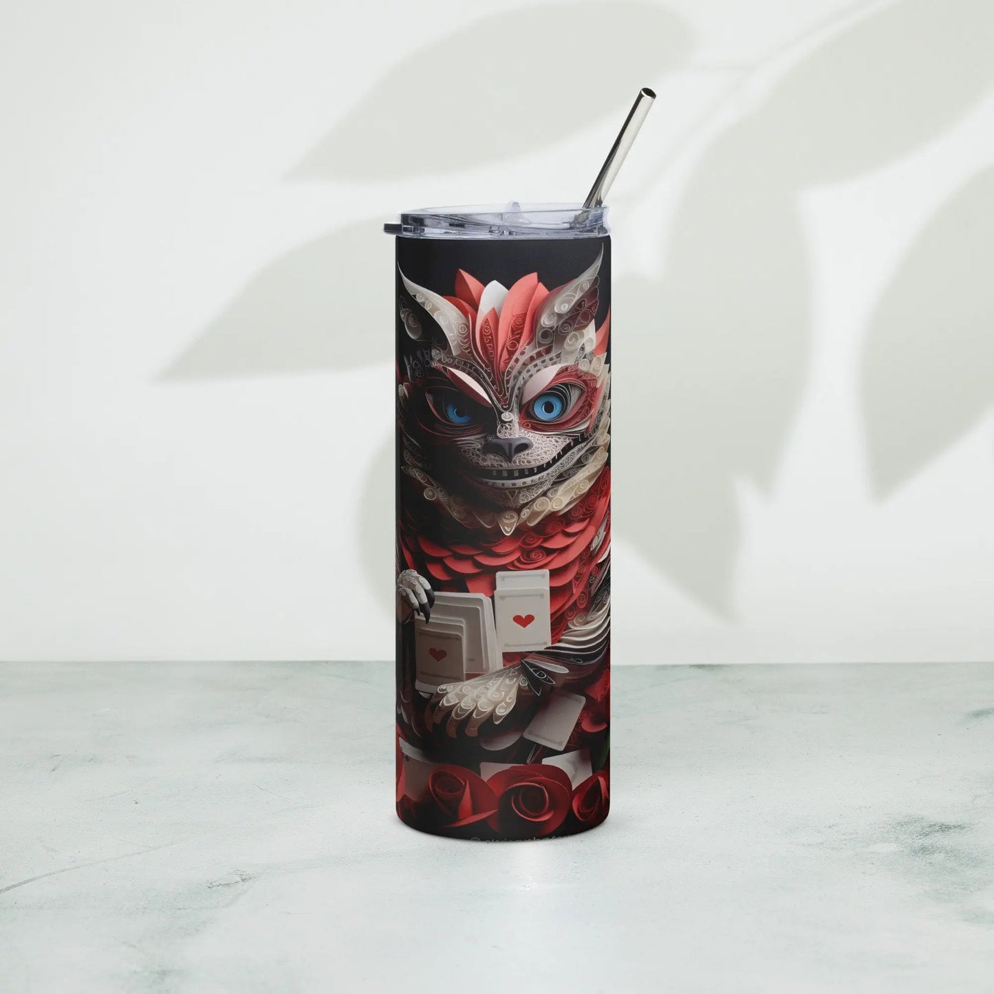 Enchanting Cheshire Cat 3D Embroidered Tumbler: Personalized Gift with Red Roses and Deck of Cards Design - Panoptic Handmade