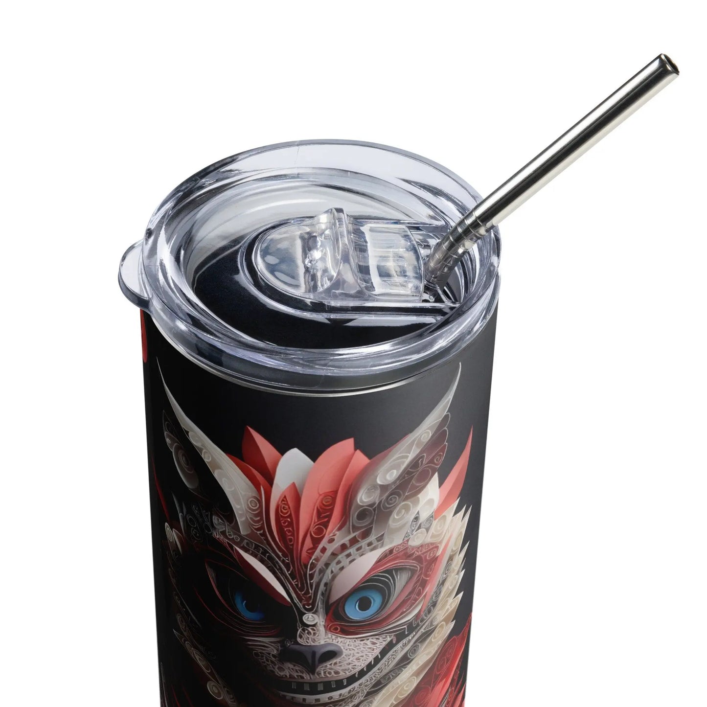 Enchanting Cheshire Cat 3D Embroidered Tumbler: Personalized Gift with Red Roses and Deck of Cards Design - Panoptic Handmade