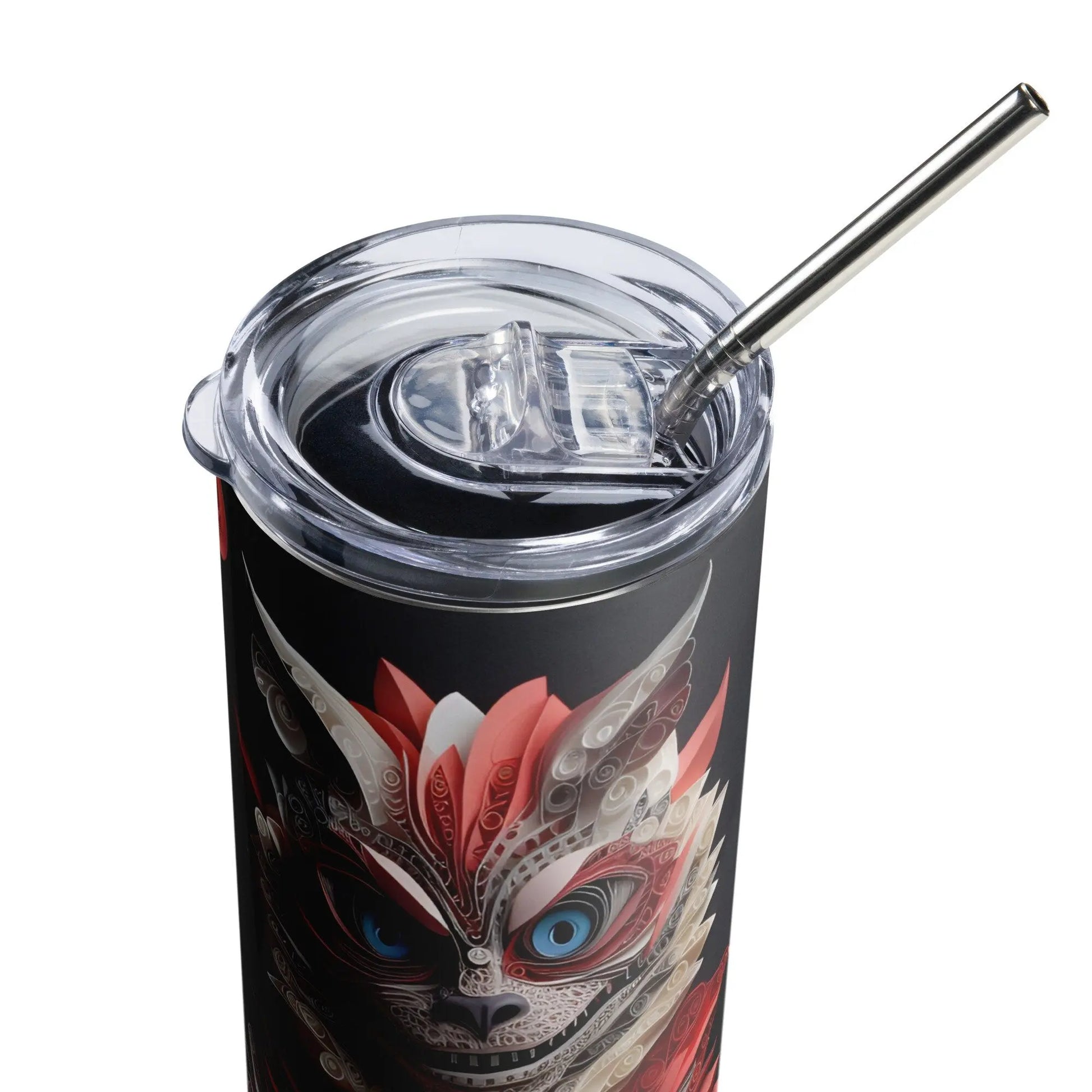 Enchanting Cheshire Cat 3D Embroidered Tumbler: Personalized Gift with Red Roses and Deck of Cards Design - Panoptic Handmade