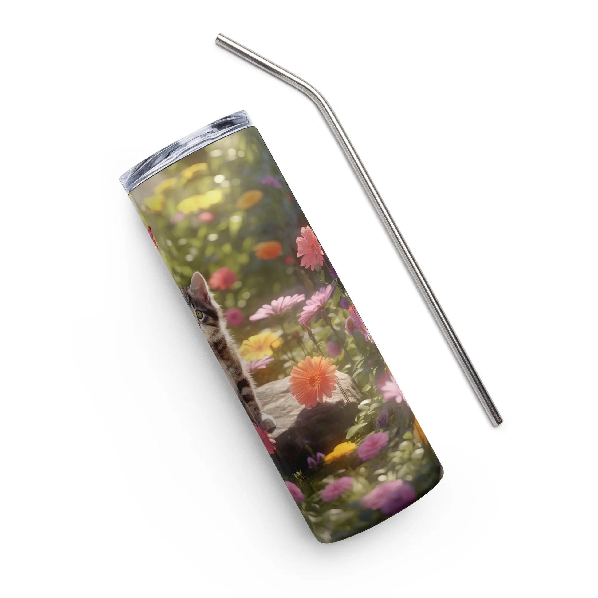 Personalized Cute Cat Lovers Cat in a Beautiful Garden Tumbler for Cat Moms Cat Lovers Gift