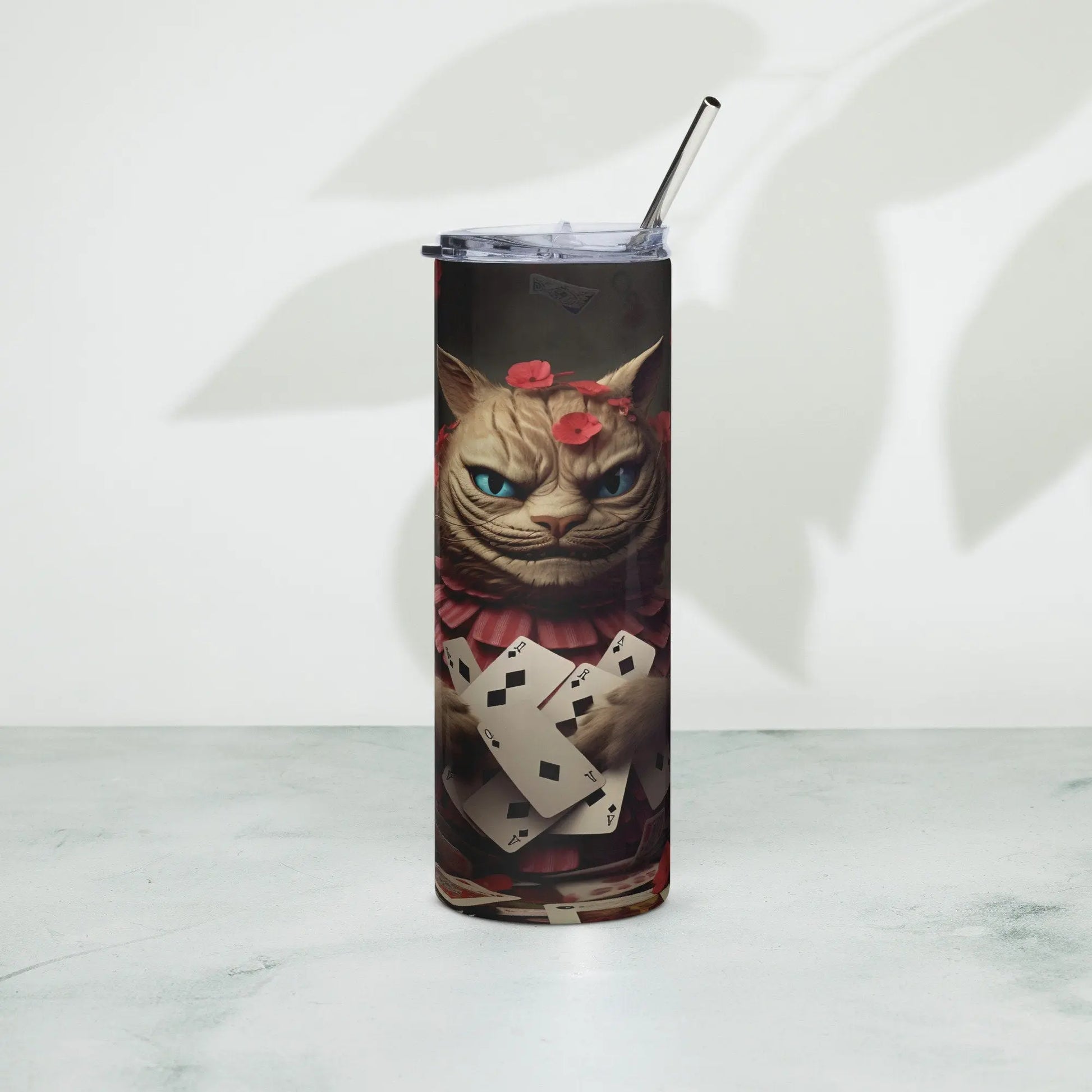 Personalized 3D Cheshire Cat Holding Playing Cards with Black Background and Roses