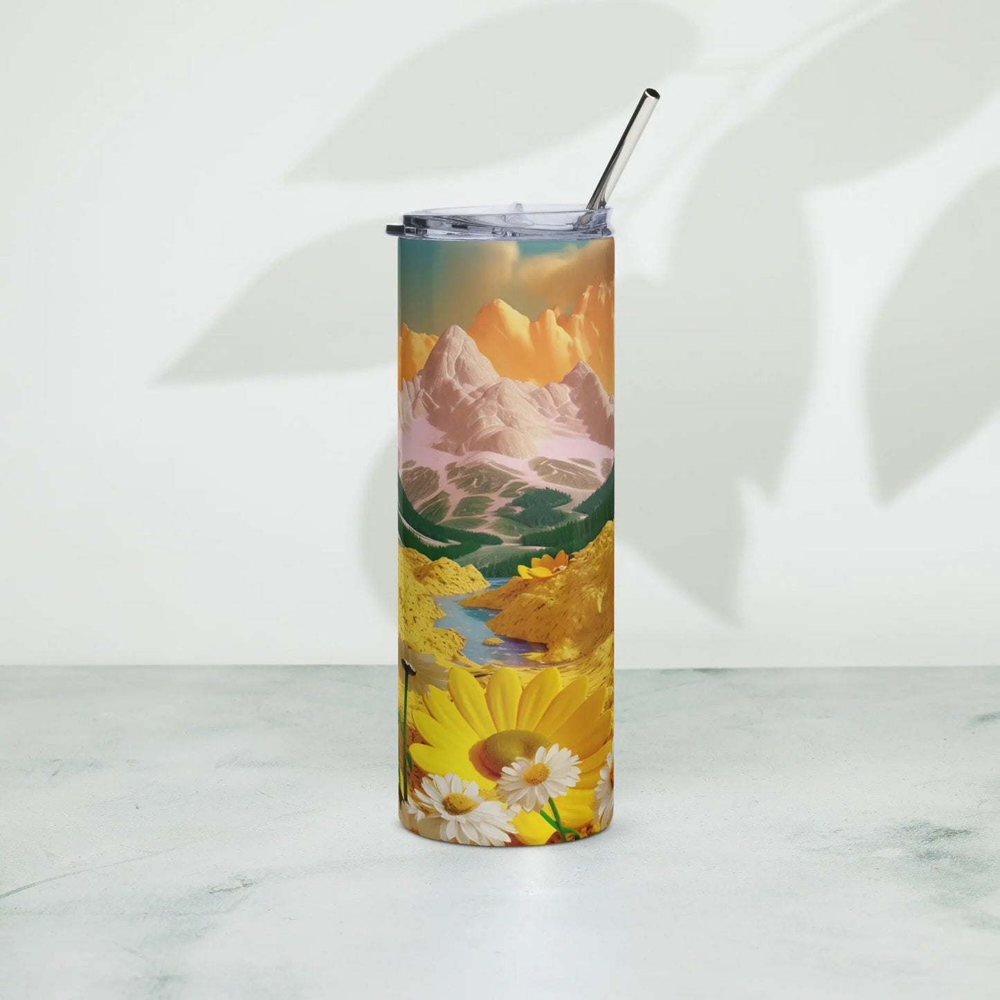 Personalized 3D Cute Embroidered Aesthetic White and Yellow Mountain Tumbler Yellow Daisies.