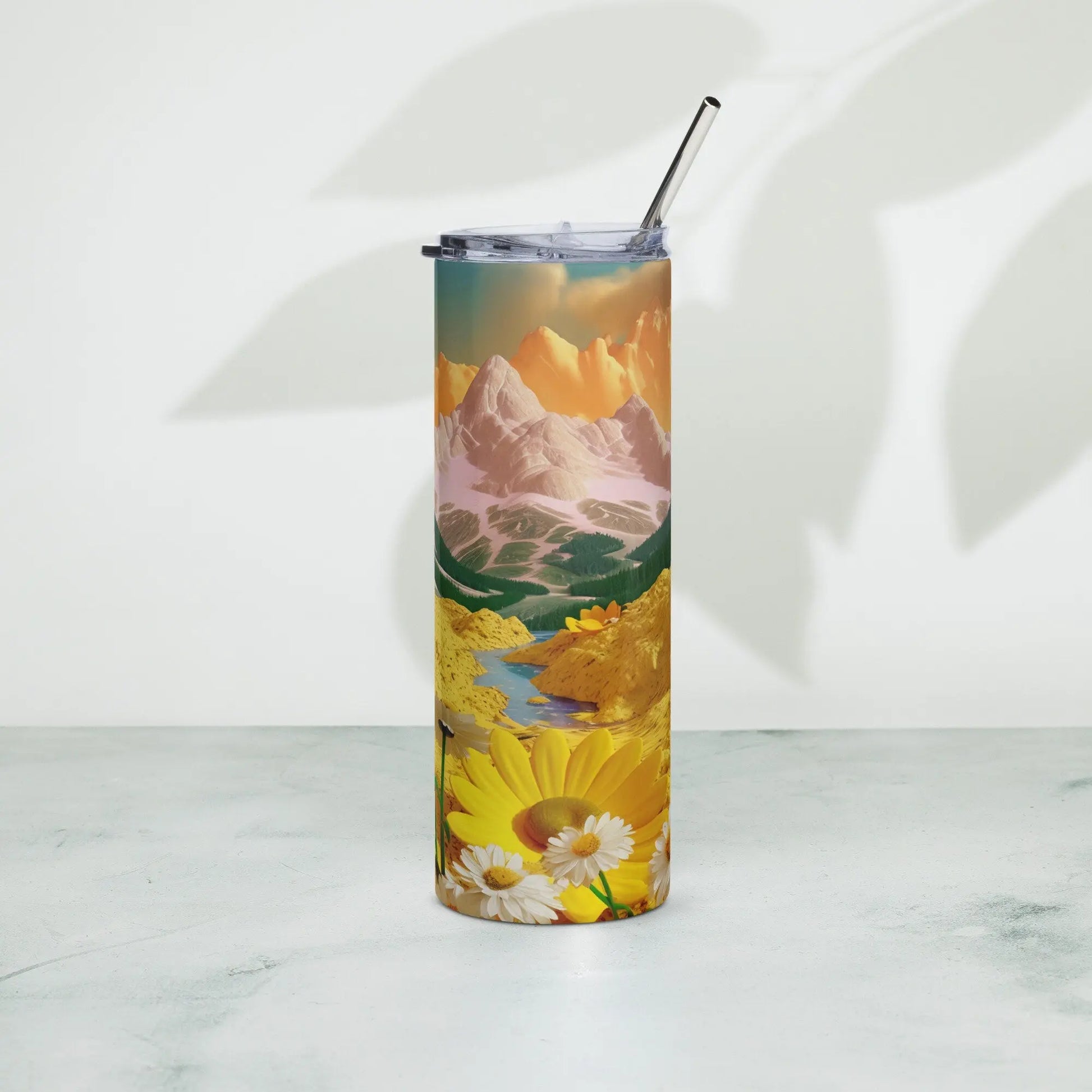 Personalized 3D Cute Embroidered Aesthetic White and Yellow Mountain Tumbler Yellow Daisies.