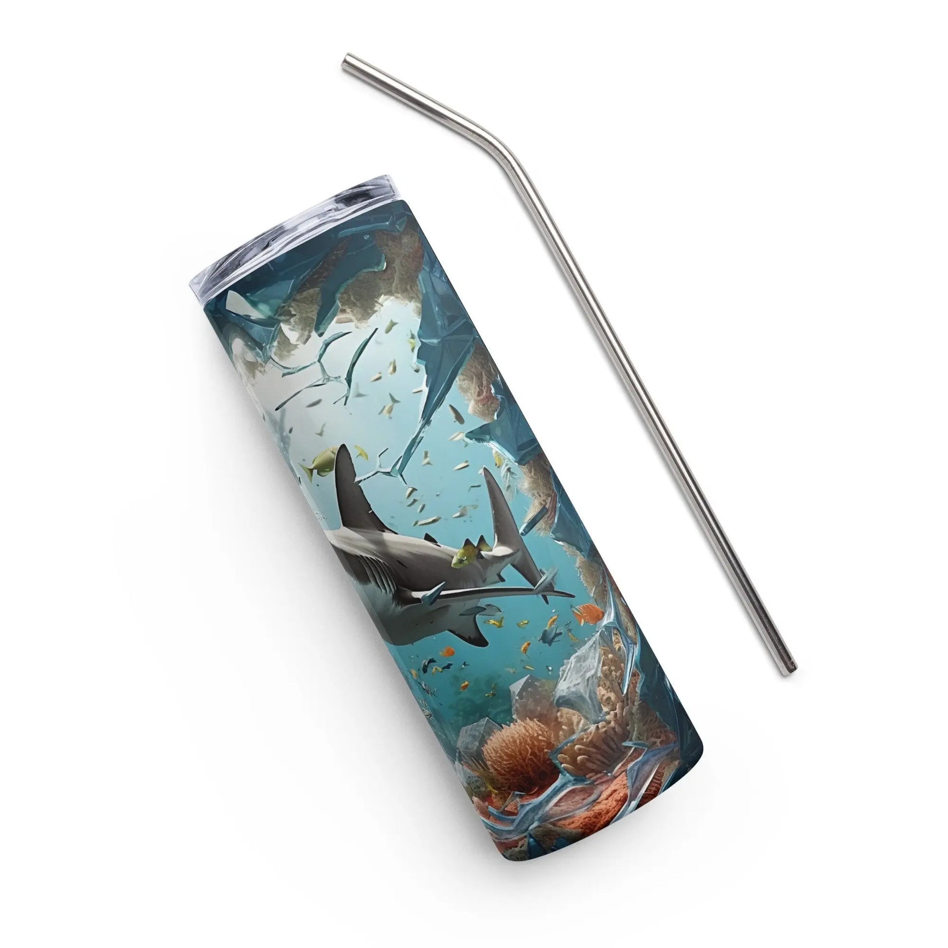 Personalized 3D Embroidered Shattered Glass Shark Sublimation Tumbler Gift for Fishermen - Panoptic Handmade