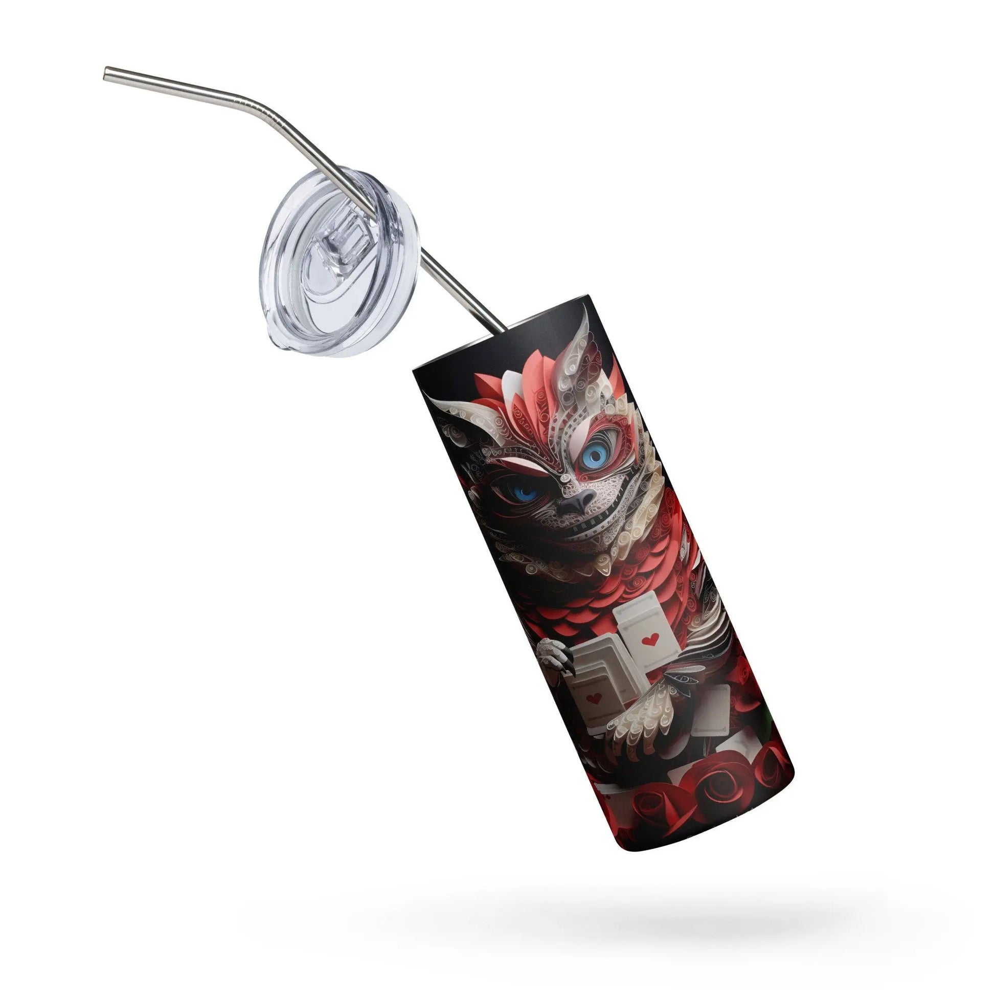 Enchanting Cheshire Cat 3D Embroidered Tumbler: Personalized Gift with Red Roses and Deck of Cards Design - Panoptic Handmade