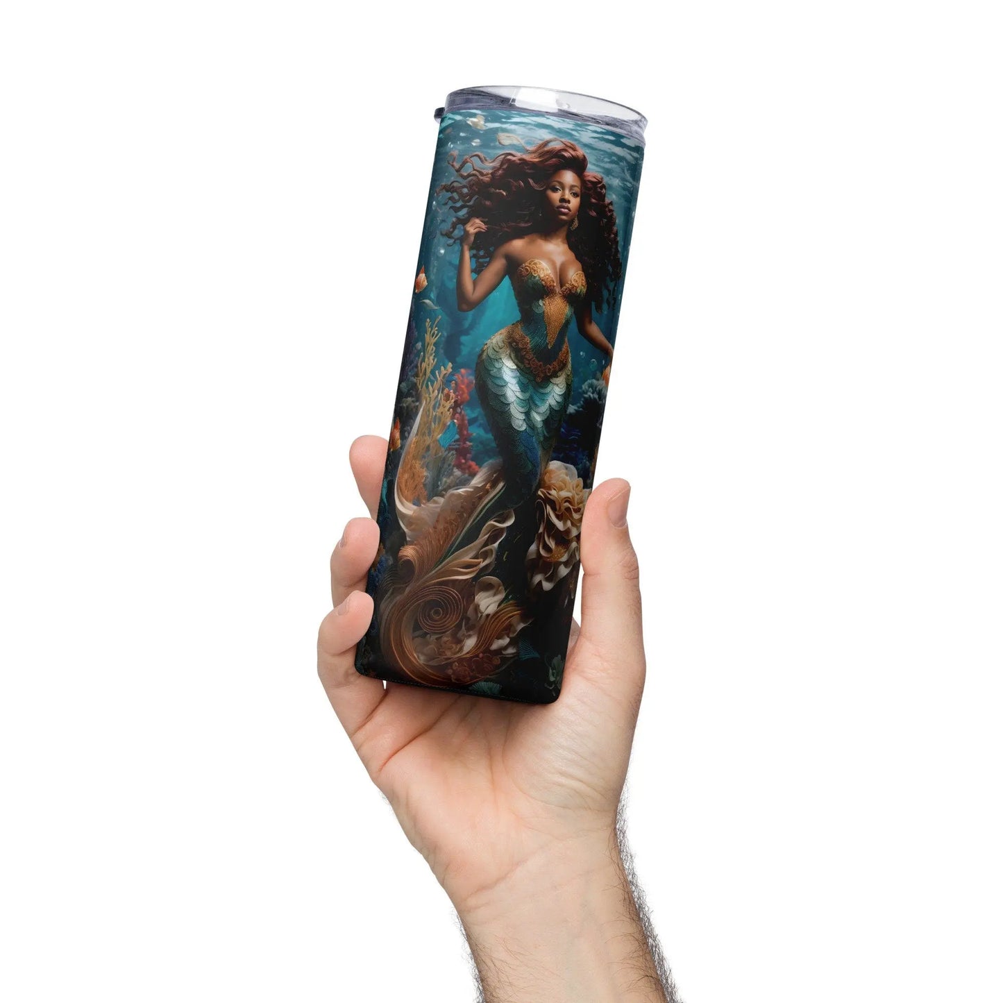 African American Mermaid Tumbler - Underwater Fantasy Design - Embark on a Stylish Sipping Journey! - Panoptic Handmade