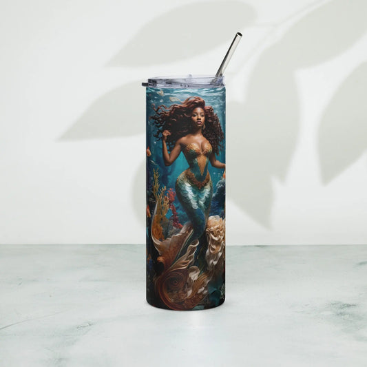 African American Mermaid Tumbler - Underwater Fantasy Design - Embark on a Stylish Sipping Journey! - Panoptic Handmade