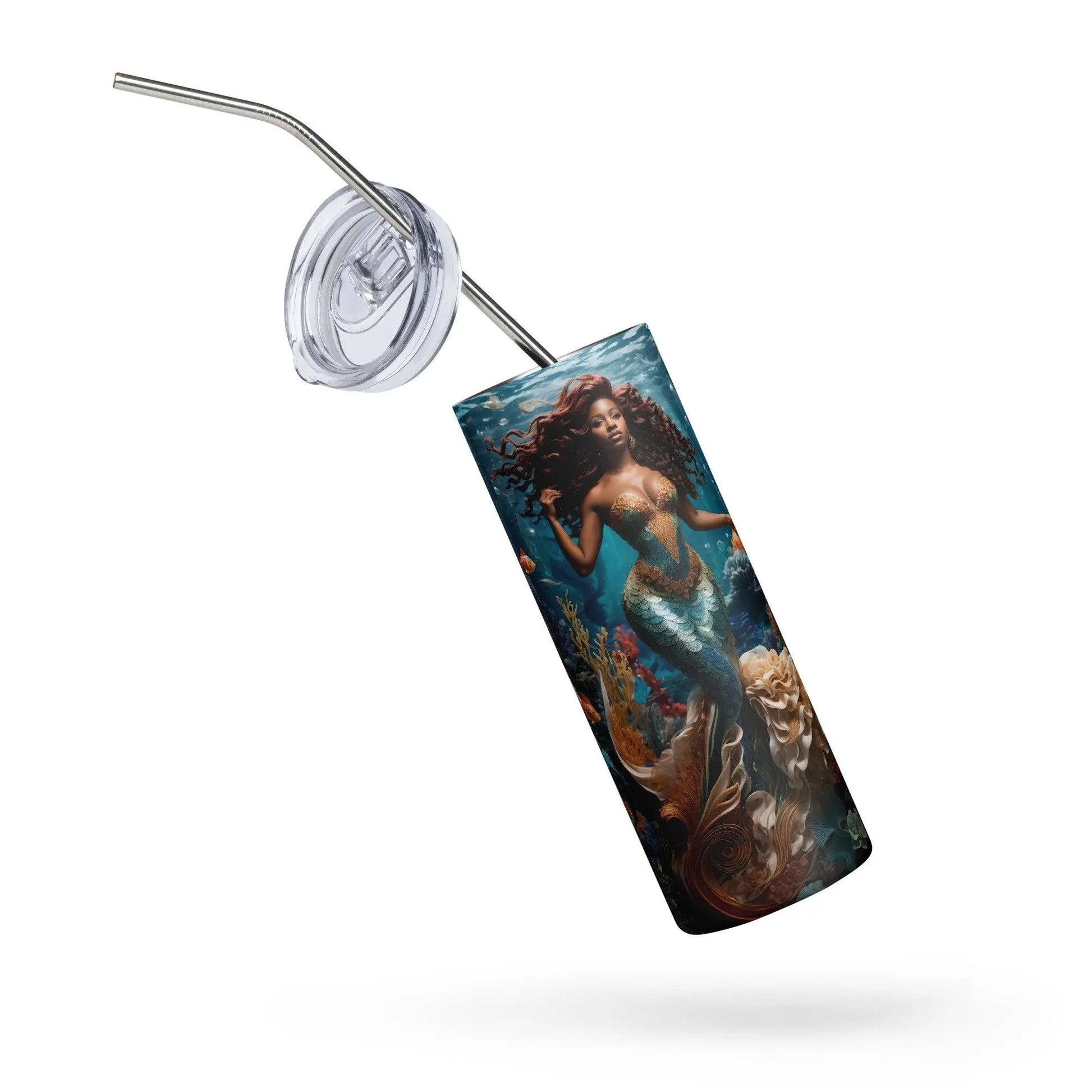 African American Mermaid Tumbler - Underwater Fantasy Design - Embark on a Stylish Sipping Journey! - Panoptic Handmade
