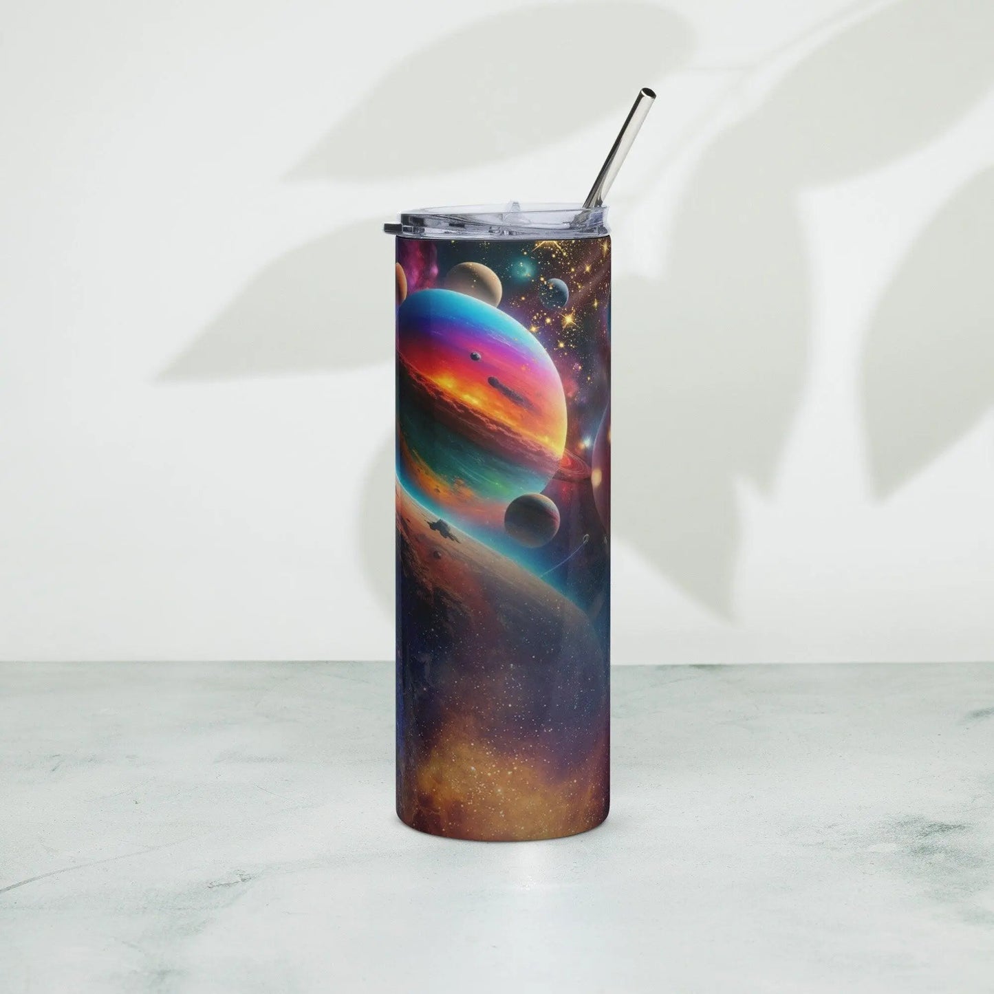 Cosmic Fantasy Realism Tumbler - Embark on a Trip Around the Sun with Vibrant Planets and Milky Way