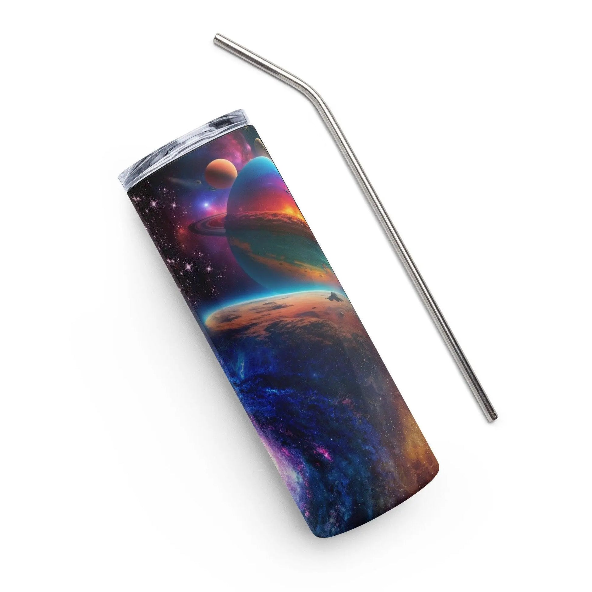 Cosmic Fantasy Realism Tumbler - Embark on a Trip Around the Sun with Vibrant Planets and Milky Way