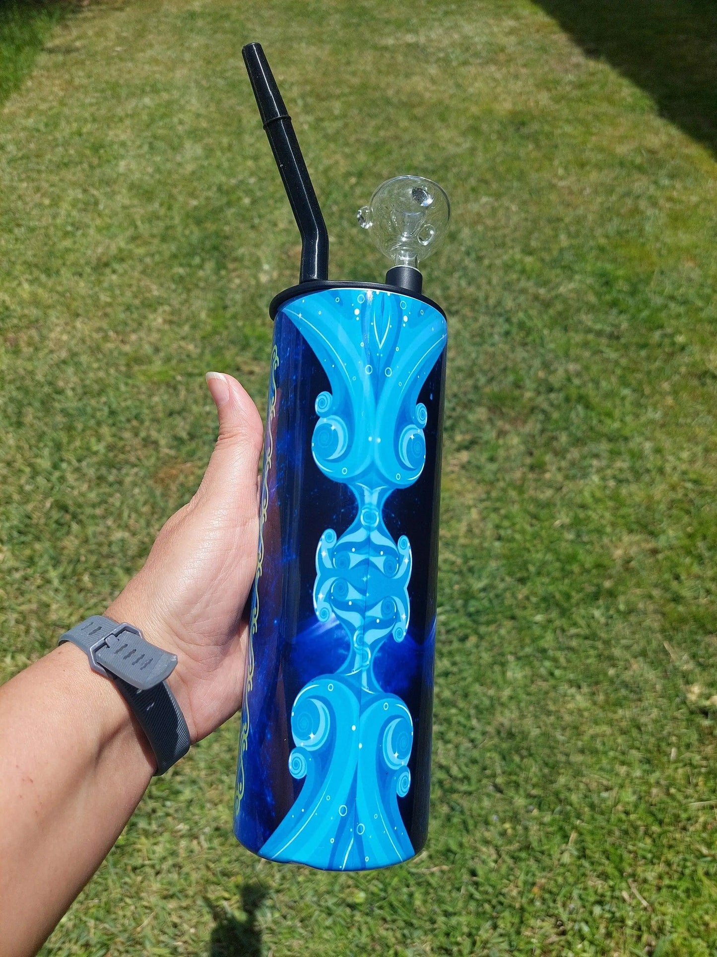 Hookah Tumbler, Blue Swirl Marijuana Cold Smoke Sublimation Tumbler