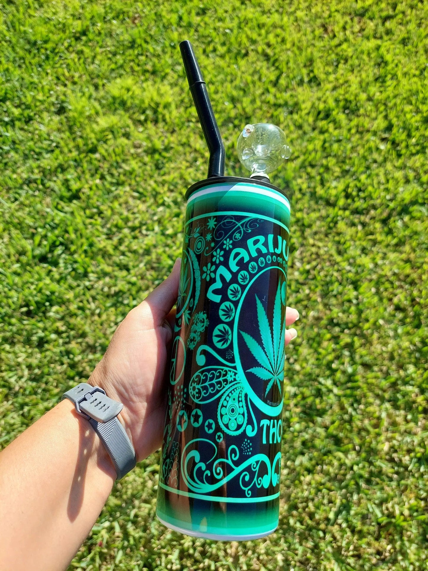 Hookah Tumbler with a Green and Black Marijuana Design, Sublimation Cold Smoke