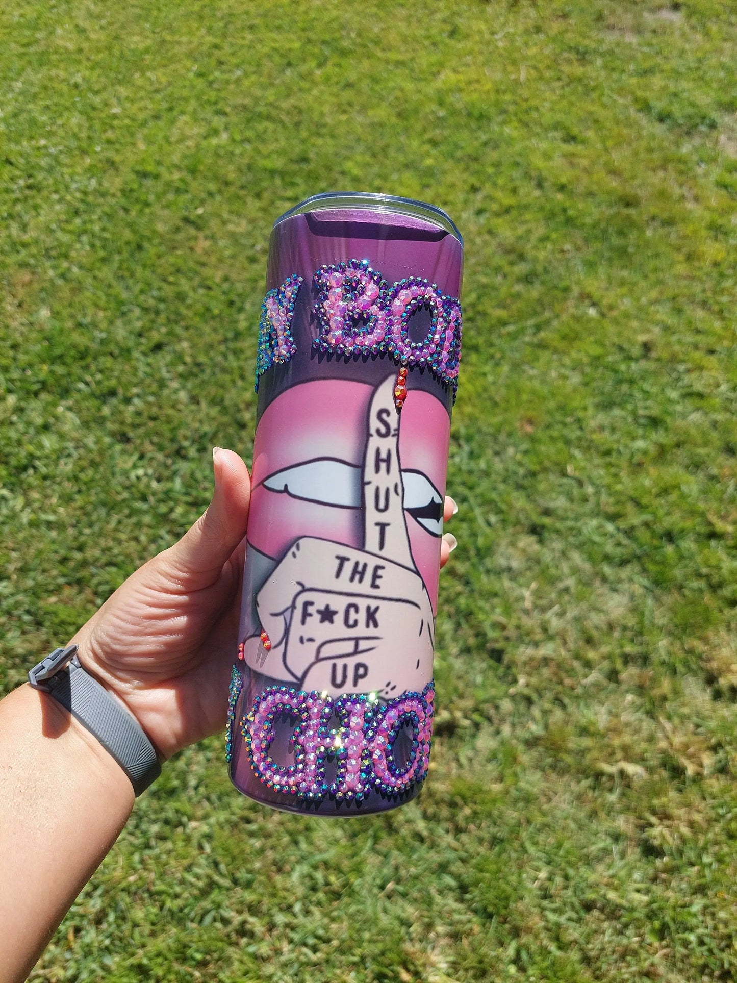 Sublimation Tumbler with a "My Body My Choice" Rhinestone Design