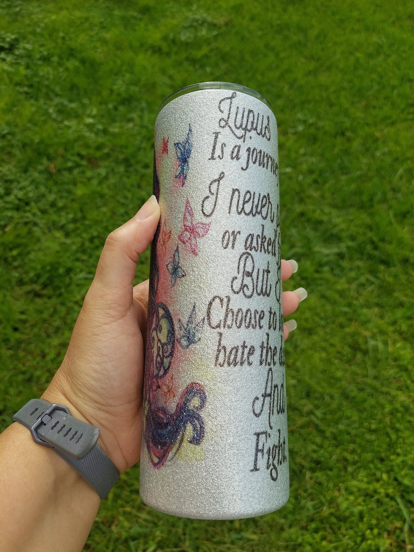 Sublimation Silver Glitter Tumbler with a Lupus Awareness Design