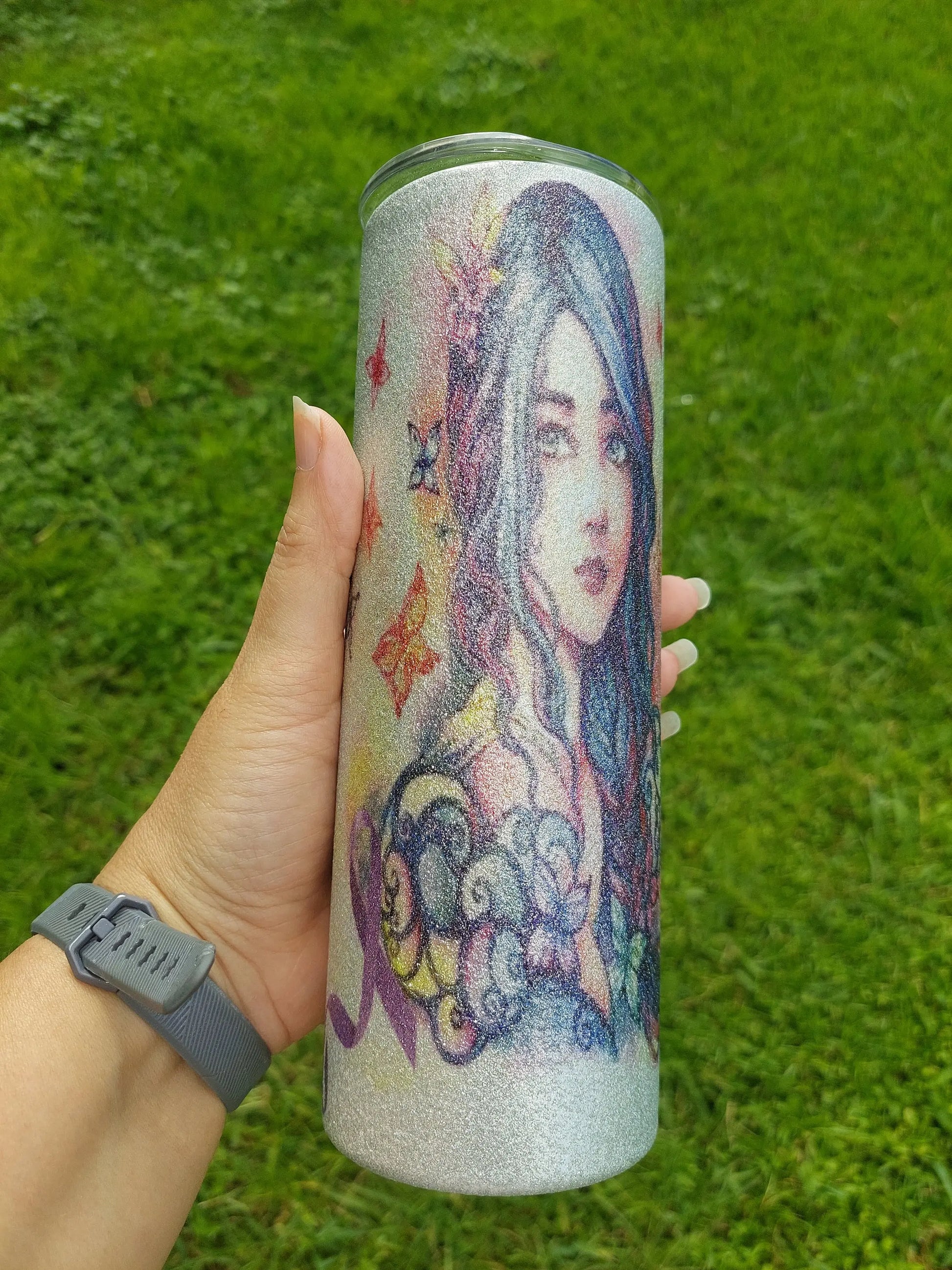 Sublimation Silver Glitter Tumbler with a Lupus Awareness Design
