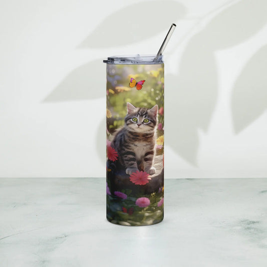 Personalized Cute Cat Lovers Cat in a Beautiful Garden Tumbler for Cat Moms Cat Lovers Gift