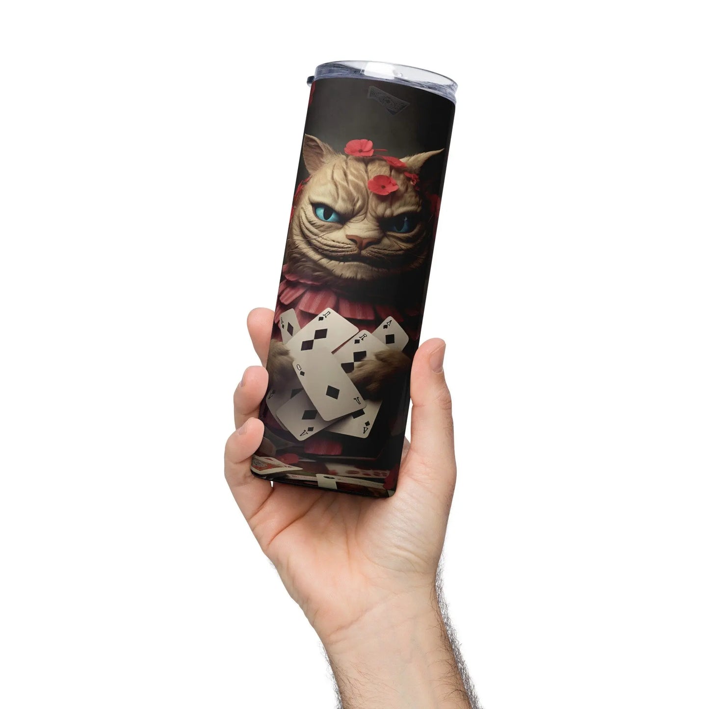 Personalized 3D Cheshire Cat Holding Playing Cards with Black Background and Roses
